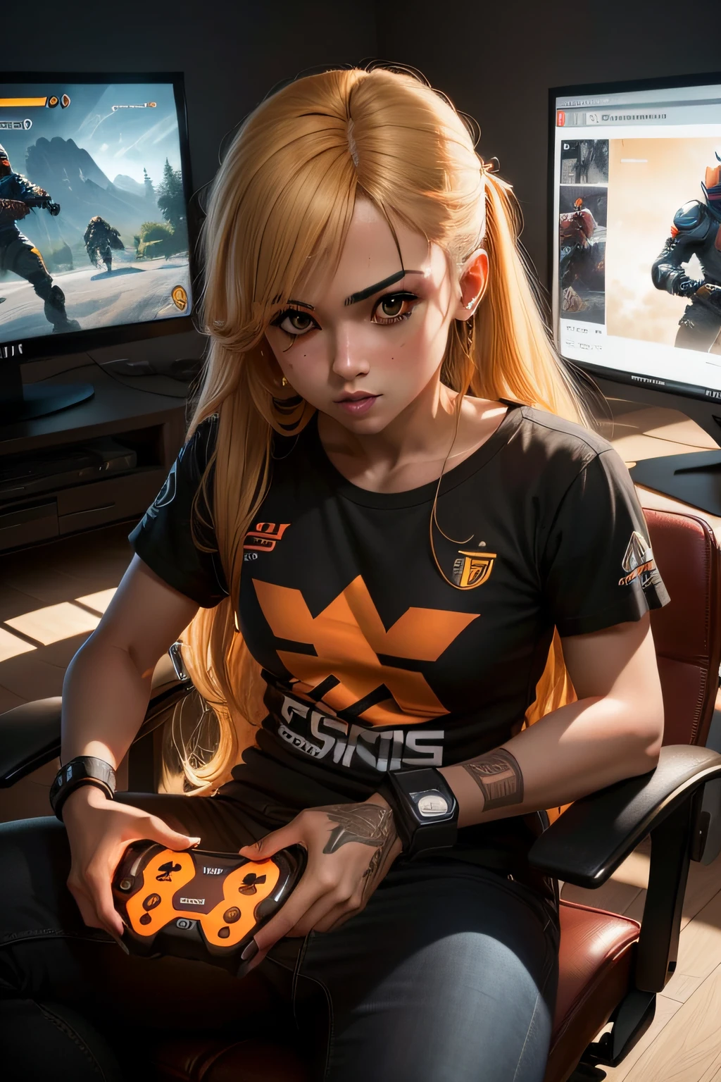 pessoas, roupas laranja, playing video games, ultra detalhe, alta resolução, ultra detalhado, melhor qualidade, Awesome, qualidade superior, extremamente detalhado CG unidade de papel de parede 8k, cinematic lighthing,