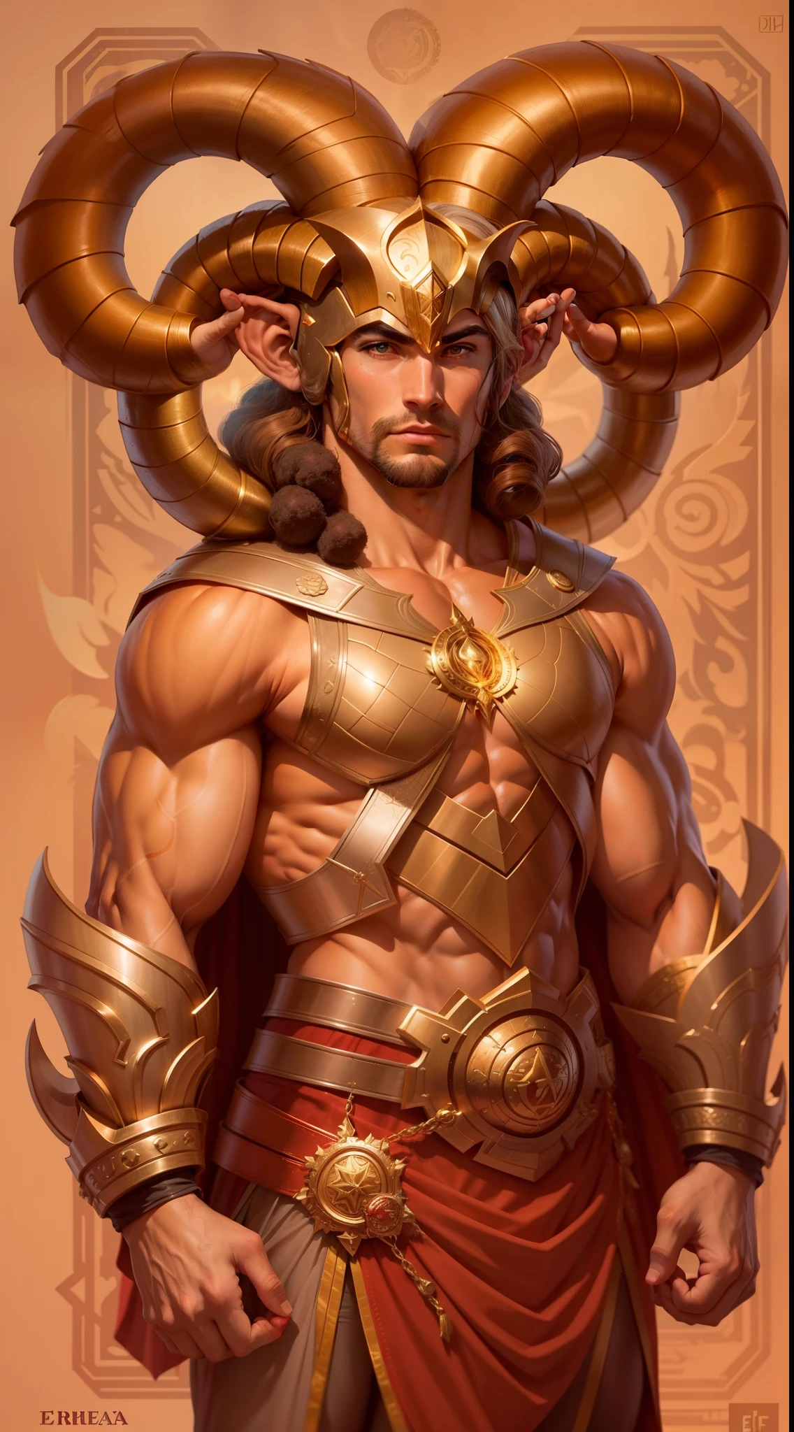 If the sign of Aries were a superhero, ele seria conhecido como "Ariano, the Impulsive Leader".
Sign of Aries , corpo inteiro, corpo muscular, armadura dourada, firepowers in the hands, capa vermelha, Chifres,Fundo da cidade