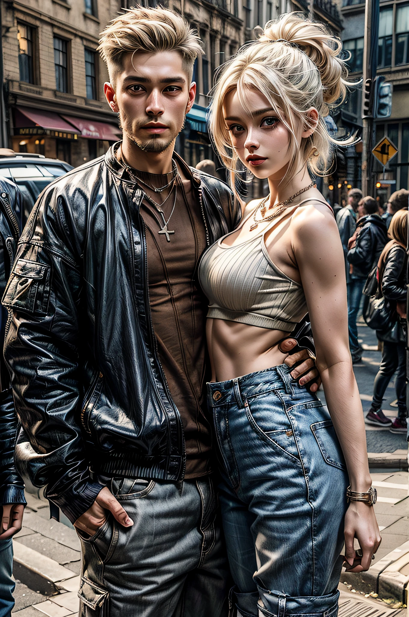 couple, 1man, 1girl, she blonde, blue eyes, long hair, wearing micro denim shorts and white BREAK bustier couple, 1man, 1girl, him hugging around the waist, tall and strong, (short white hair, muscular, beard, Streetwear, cargo pants, necklace)