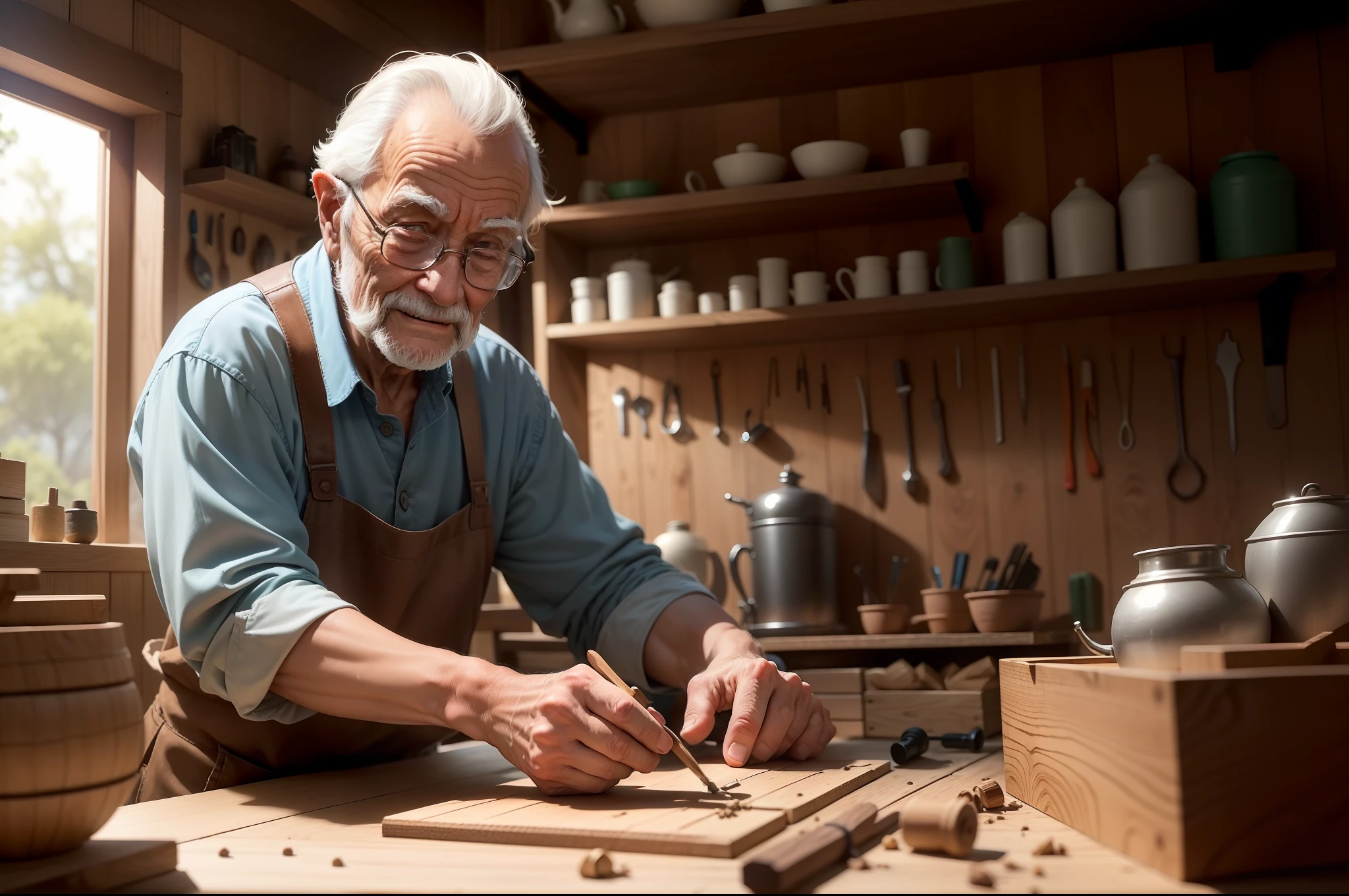 An elderly man hunched over a woodworking workshop, working delicately on building a beautiful miniature boat inside a bottle. Ao seu redor, Multiple tools, madeiras e outros materiais que ele utiliza para desenvolver suas habilidades na marcenaria, um hobby que o apaixona. He has a satisfied smile on his face as he does such meticulous work. Behind him, a palavra "Ikigai" it is written with letters made of sawdust, representing how to devote time regularly to meaningful activities that combine talent, Passion and Purpose Brings Great Joy.