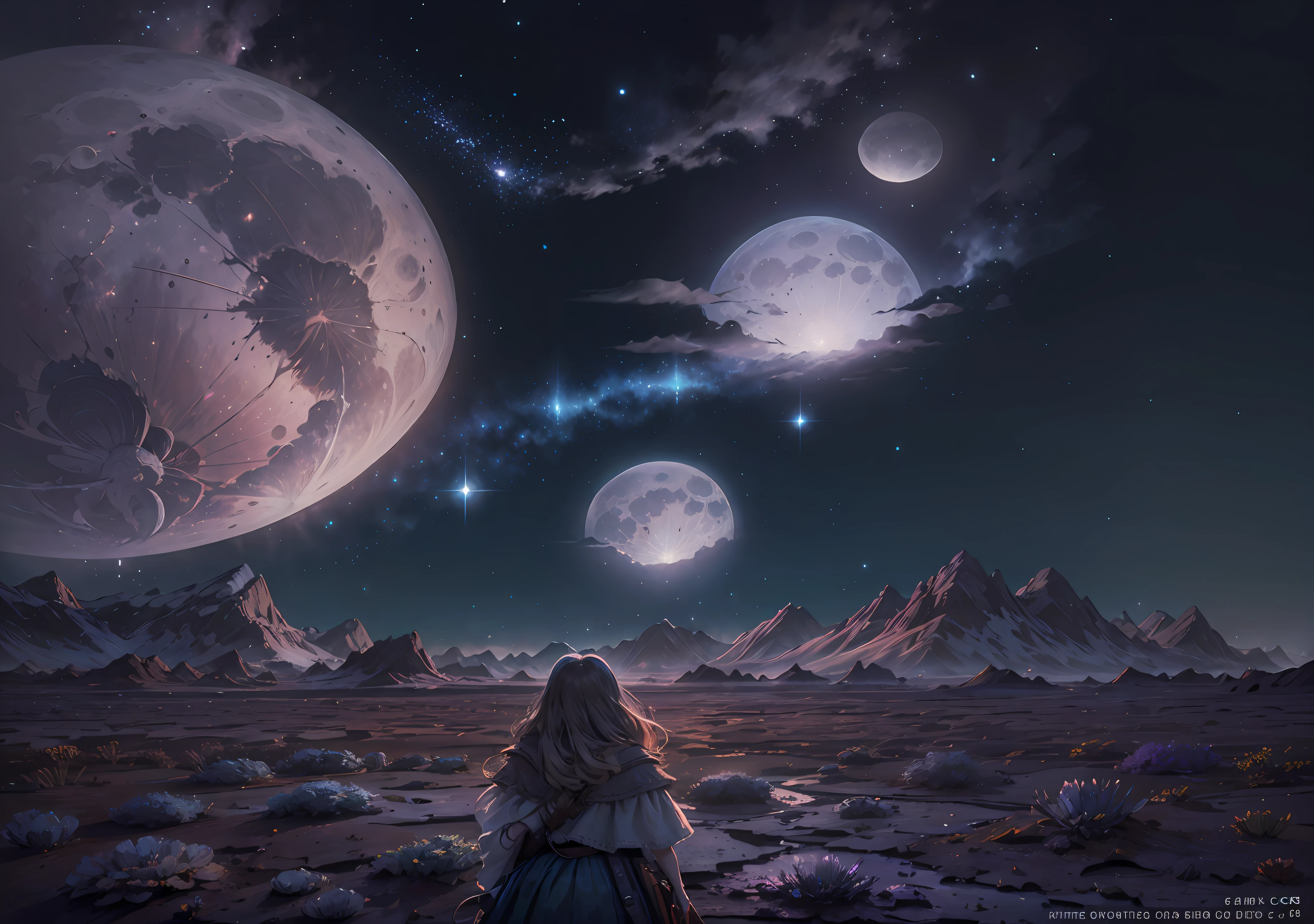 Expansive landscape photography, (view from below with a view of the sky and desert below), girl standing in a field of flowers looking up, (full moon: 1.2), (shooting star: 0.9), (nebula: 1.3), distant mountain, tree-breaking production art, (hot light source: 1.2), (firefly: 1.2), lamp, purple and orange, intricate detail,  BREAK lighting volume (masterpiece: 1.2), (highest quality), 4k, ultra-detailed, (dynamic setting: 1.4), highly detailed and colorful details (iridescent: 1.2), (flickering lighting, atmospheric lighting), dreamy, magical, (solo: 1.2) (widescreen 16x9) --auto --s2