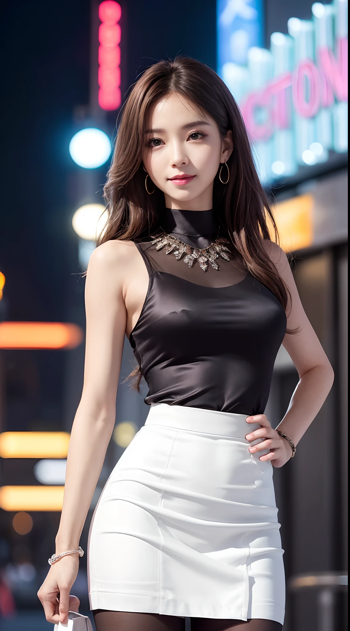 8k, masterpiece, RAW photo, best quality, photorealistic, extremely detailed CG unity 8k wallpaper, Depth of field, Cinematic Light, Lens Flare, Ray tracing, (extremely beautiful face, beautiful lips, beautiful eyes), intricate detail face, ((ultra detailed skin)) 1girl, in the dark, deep shadow, pretty korean girl, kpop idol, 1 girl, (very slim slender fit-muscled body:1.3), ((looking at viewer)),(big smile:1.3), (tight laced blouse), (hot pink color blouse), (sleeveless) , (fashion city night, dark night, (neon sign), (blurred background), fashion street night),(without people in the background:1.3), beautiful earrings, bracelets, necklace, pantyhose, clear eyes, walking, (pale skin), (big eyes), face forward, ((upper body shot)), ((silk white color skirt:1.3)),(brown hairs),((tight fitting laced skirt)), (see through), (looking at viewer:1.3) open breast, very slim, thick thighs, medium breasts, hermes bag , turning back, back shot