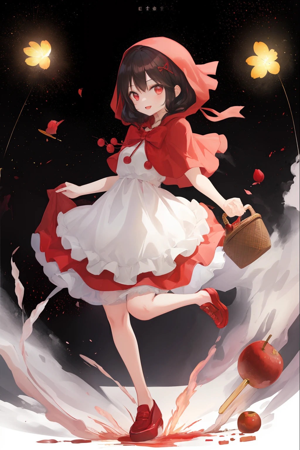 (masterpiece、top-quality、ultra-detailliert)、
1girl in、独奏、A dark-haired、shorth hair、red eyes、
pinafore、Red dress、Capelet、red hoods、skirt by the、red hoods、the bow、Basket with red apples、
red apple、
(hold ing、Incoming food)、
brilliance、explosions、
A smile、Detailed beautiful eyes、open open mouth、
Luminescent particles、
the viewer、full body Esbian、Look at the subjectivity