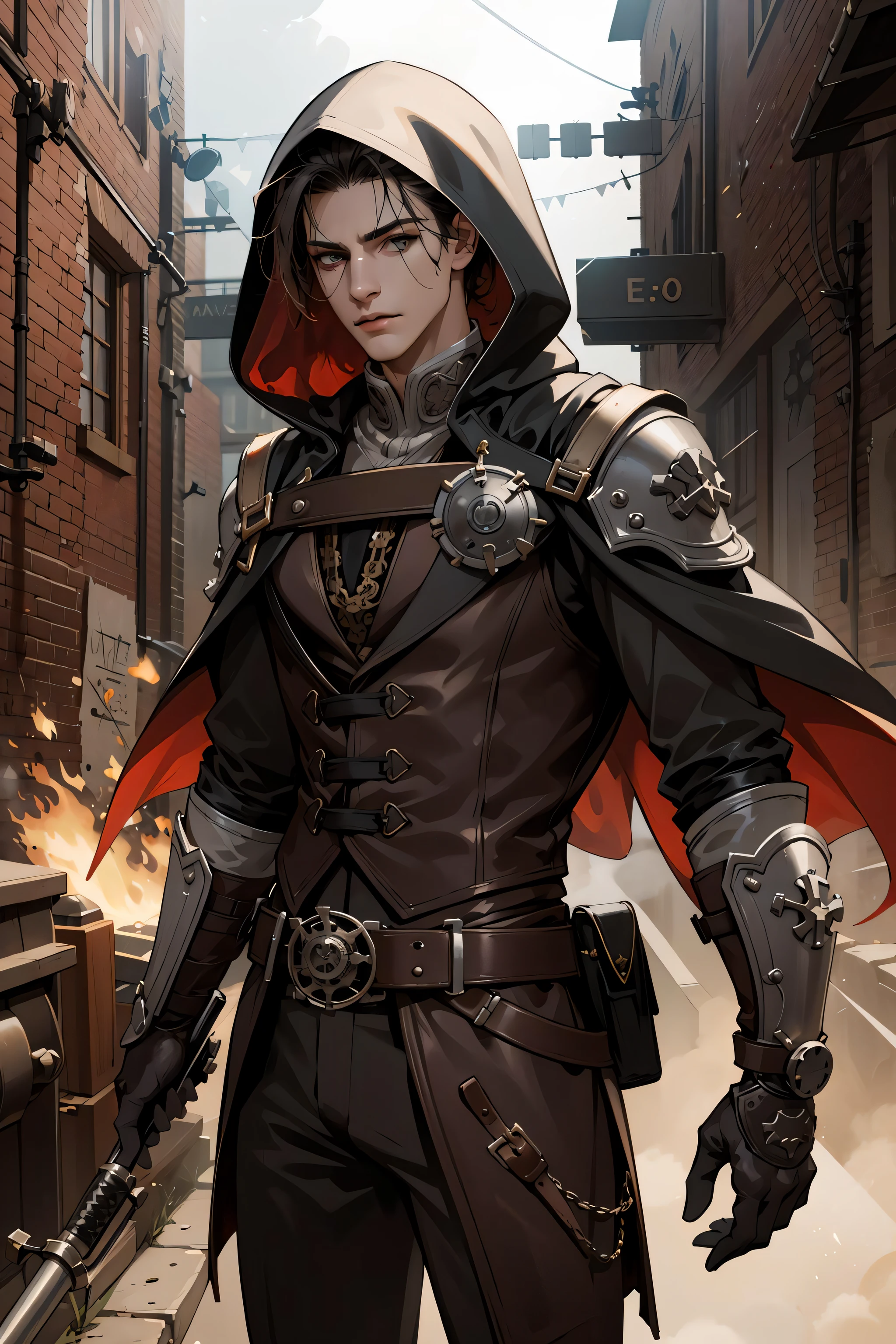 (absurdres, highres, ultra detailed), 1 male, mature, manly, tall muscular, handsome, finely detailed eyes, intricate details, portrait, looking at viewer, solo, (full body:0.6), detailed background, assassins creed, master assassin, black rugged leather assassin clothes, hood, capelet, leather pouches, rebel, dynamic pose, fighting, steampunk setting, steampunk theme, steampunk style clothes, gears, tubes, steam, sparks, sewers in background, dirt, sunshine,
