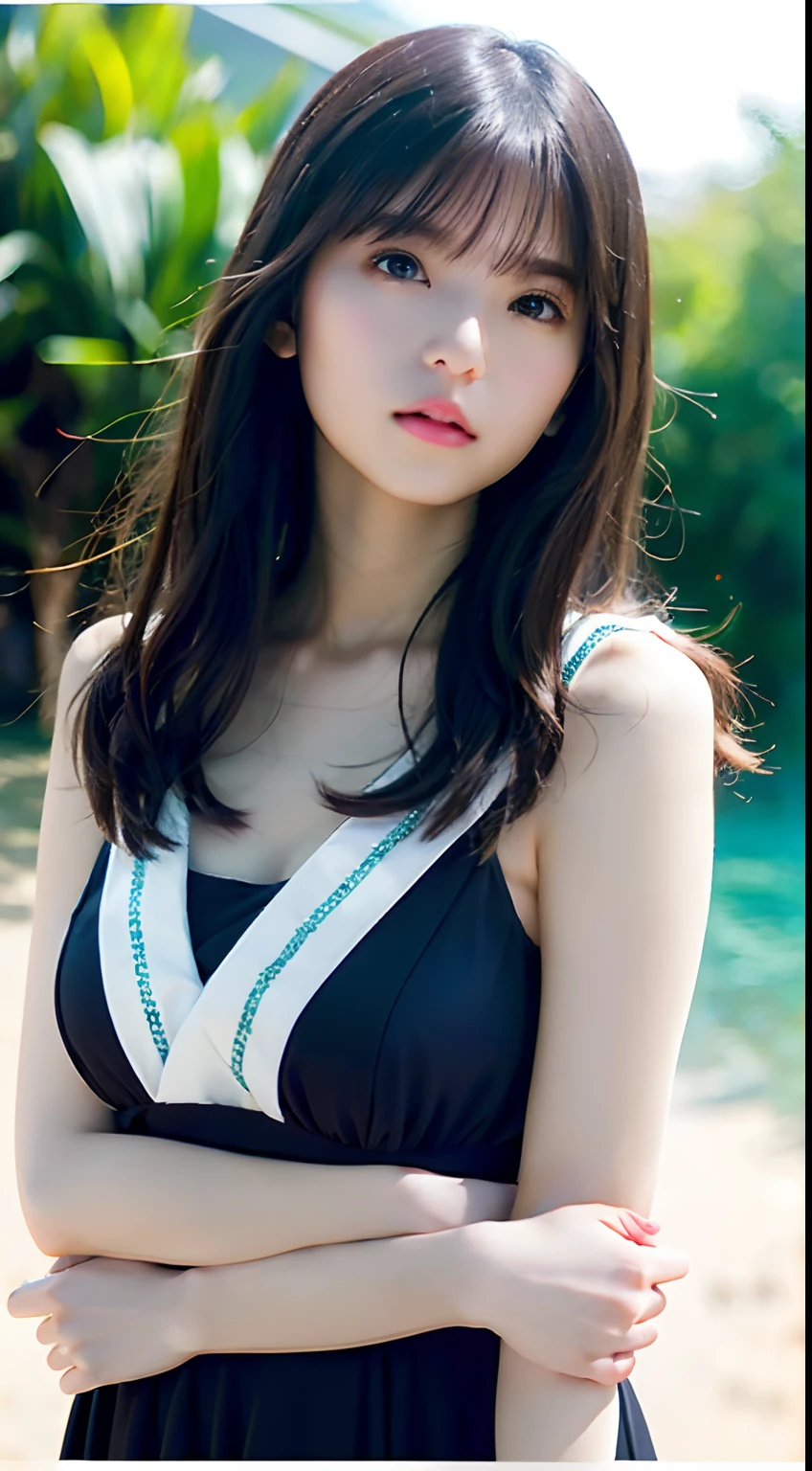 randome pose, mix4, (8K, Raw foto, top-quality, masterpiece: 1.2), (realisitic, realisitic: 1.37), girl with, cute little, the beach, natta, Sateen, Wetty, profetional lighting, photon maping, Radio City, physically-based renderingt, gradient brunet, dark brown hair, short curls, a handsome, girl with, swim wears, high quality photograph, hight resolution, 1080p, (clearface), (Detailed face description), (Detailed hand description), (masterpiece), (Exquisite CG), extreme light and shadows, dishevled hair, masterpiece, lush detail, (Fine facial features), (top quality photo), (masterpiece), (A detailed eye), Look in front of you, Fine clavicle, middlebreasts