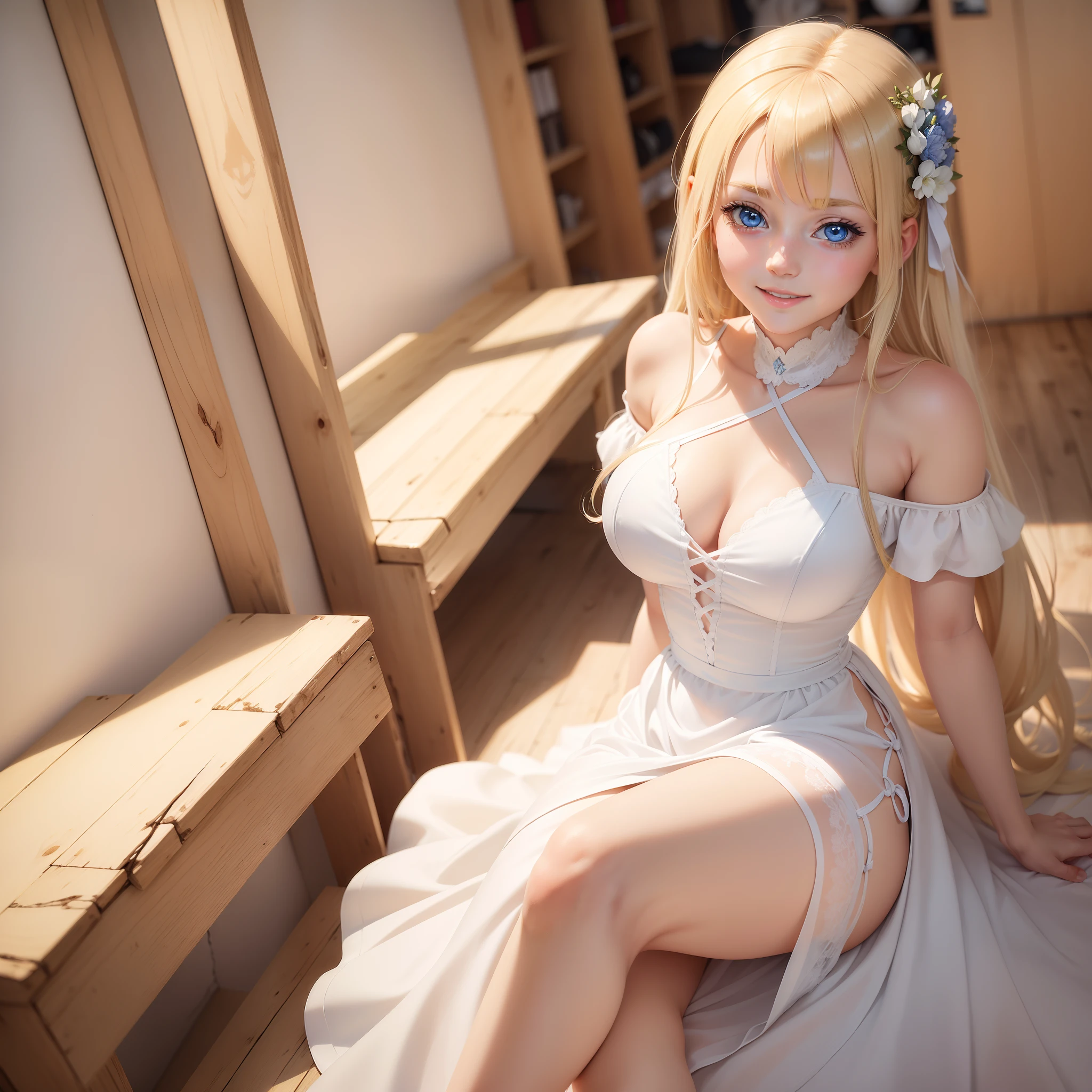 (((artistic))), (((genial))), A beautiful blue-eyed blonde girl wearing a white dress in a wooden salon, (muita luz), (foco feminino), peitos grandes, roupa colada, boca aberta, sorriso aberto, felicidade, anime, anime wallpaper, anime girl, 1 girl, masterpiece