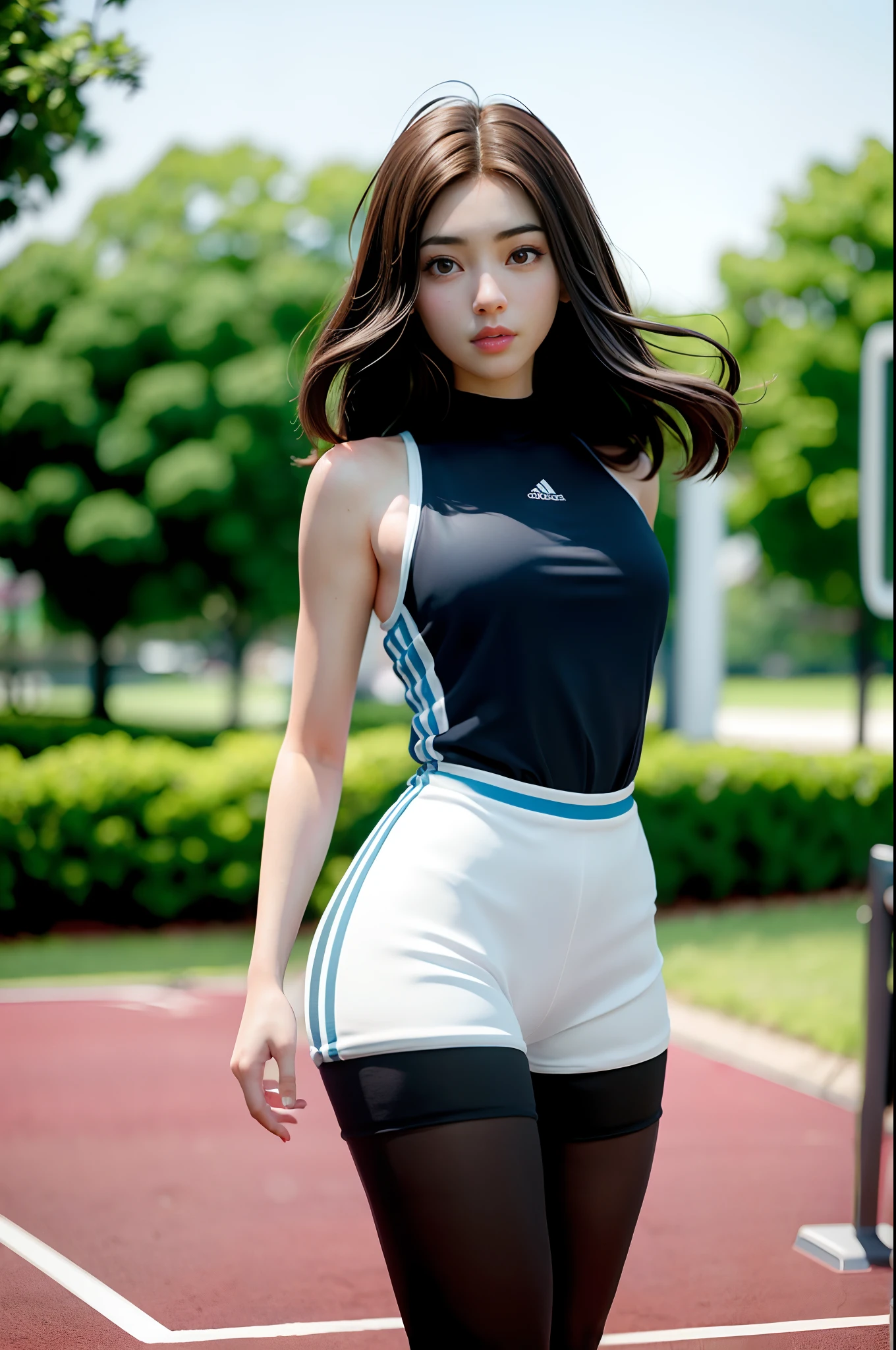 (8K, Best quality, Masterpiece: 1.2), (Have large breasts)Basketball baby,(Realistic, Realistic: 1.37), Ultra detailed, Best quality, 超高分辨率, Professional lighting, photon maping, Radio City, physically-based renderingt, Cinematic lighting, basketball playground, depth of fields, Clear focus, rays of sunshine, well-composed, (Bokeh: 1.2) 1girll, Solo, (full bodyesbian), (Keep your mouth shut), beautiful and detailed eye, Pose, a narrow waist, basketball suit, brunette color hair, messy hair, Long hair blowing in the wind,(Ulzzang-6500:1.2)mix4,hiqcgbody