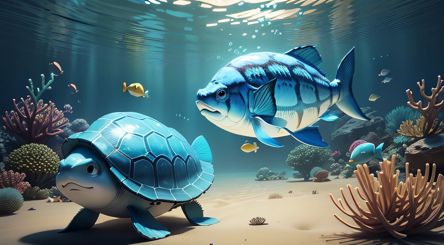 A small blue fish named Vitor was at the bottom of the sea. And a turtle. toon, Pixar style, ..3d, Anime drawing --auto