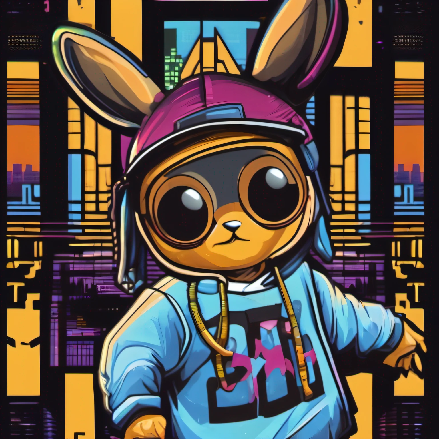 arte da camiseta, 2D, ((fundo preto :1, 5)), vetor, vivid colors, Funny character coelho personagem COM roupa ESTILO hip hop , melhor qualidade, detalhes intrincados, Realistic details, luz de aro, cinematic shading, Greg Rutkowisk,