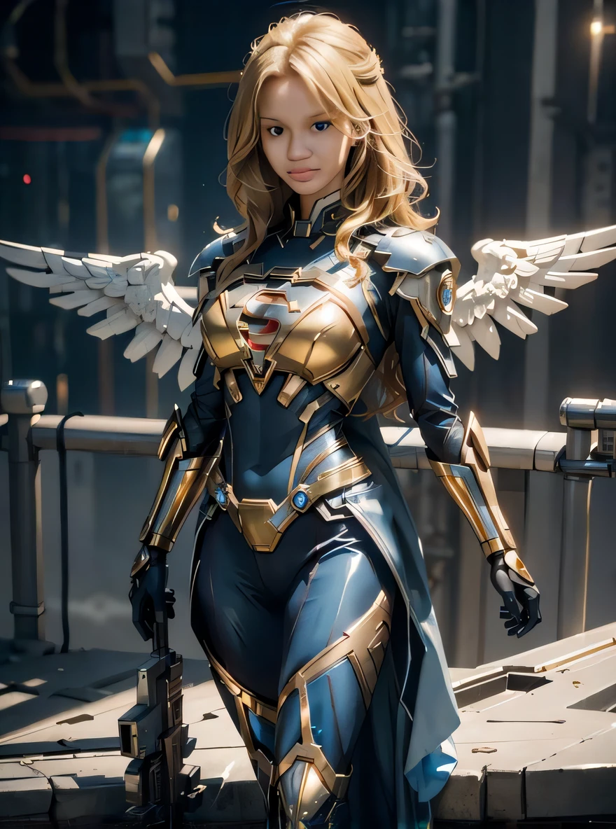 a woman in a costume with wings standing on a bridge, Armadura Dourada Angelical, valkyrie, as a mystical valkyrie, angel in plastic armor, Mechanized Valkyrie girl, Armor angle with wing, wearing witchblade armor, cosplay ornamentado, menina do cavaleiro do anjo, Artgerm Julie Bell Beeple, CGSetivity UHD 4K altamente detalhado, mystical atlantean valkyrie