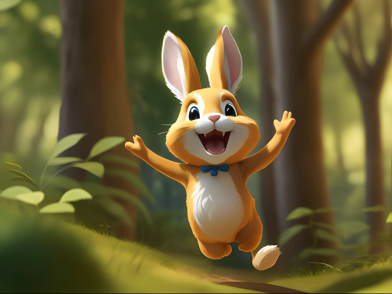 Comando: criar personagem realista, cinematic, 3D de um coelho colorido ,feliz ,correndo e saltando  na floresta com amigos, various expressions and poses to illustrate a children's storybook. description: Generate an image of an adorable, smiling rabbit running among the trees in the forest, expressando pura felicidade e liberdade.