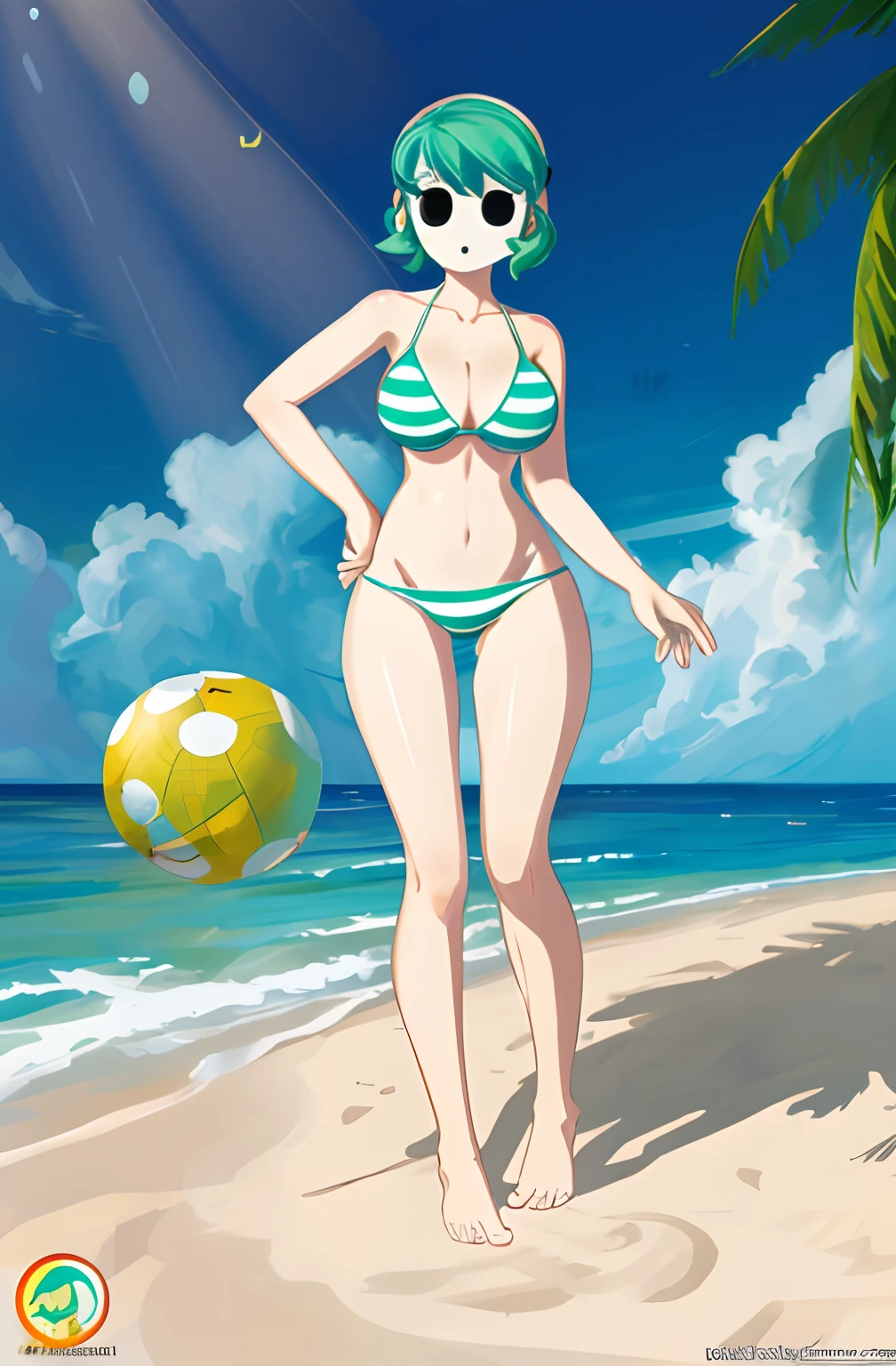 [shy gal], [Uploaded to e621.net; Minus8], ((masterpiece)), ((cute)), ((solo portrait)), ((High definition)), ((anime)), ((detailed shading)), ((intricate details)), {shy guy; (woman body, shy guy mask, short green hair, (beautiful legs), (curvaceous hips)}, {(green striped bikini), (barefoot)}, {(standing), (surprised), [Background; (Beach), (beautiful ocean), (sun rays)]