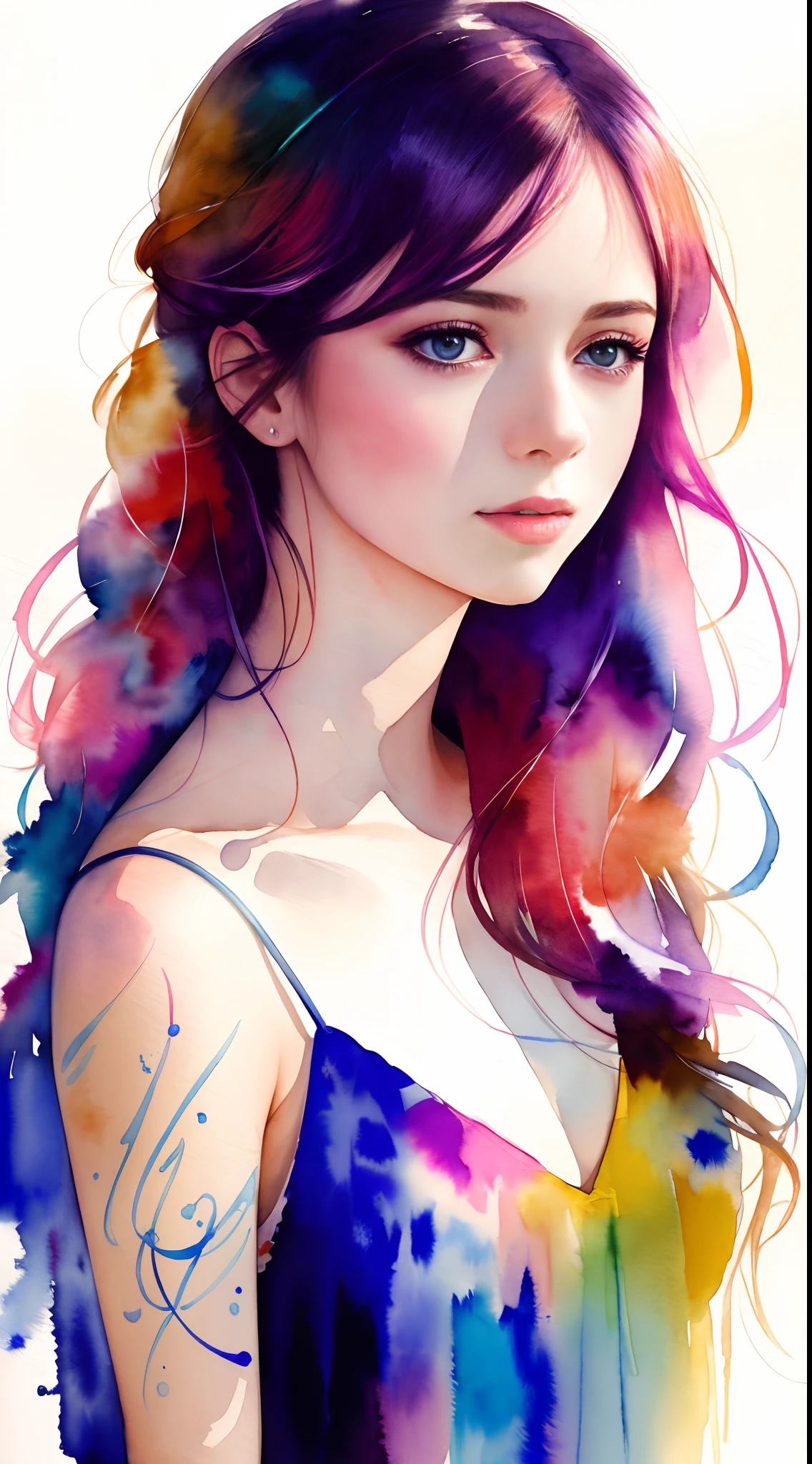 (8k, best quality, masterpiece:1.2),(best quality:1.0), (ultra highres:1.0), watercolor, a beautiful woman, shoulder, hair ribbons, by agnes cecile, half body portrait, extremely luminous bright design, pastel colors, (ink:1.3), autumn lights