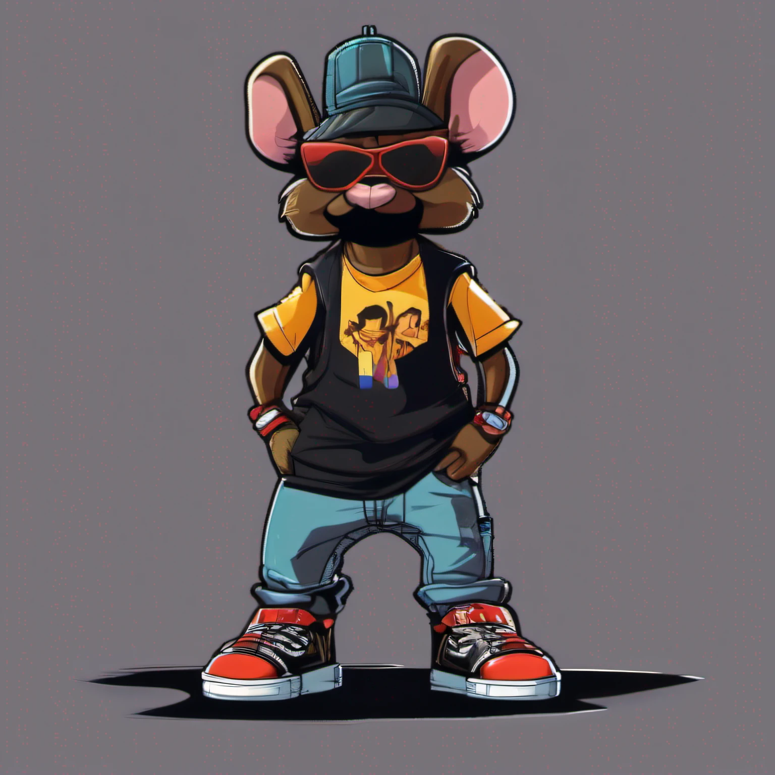 arte da camiseta, 2D, ((fundo preto :1, 5)), vetor, vivid colors, Funny character coelho personagem COM roupa ESTILO hip hop , melhor qualidade, detalhes intrincados, Realistic details, luz de aro, cinematic shading, Greg Rutkowisk,