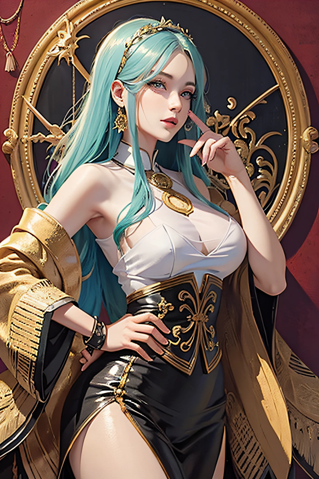 (tmasterpiece,top Quority,best qualtiy,offcial art,Beautiful and aesthetic:1.2),(1girl),Extremely detailed,Colorful,highestdetailed,offcial art,统一 8k 壁纸,ultra - detailed,Beautiful and aesthetic,big breasts beautiful,tmasterpiece,best qualtiy,(zentangle,datura,Tangles,entangled),holy rays,gold foil,Gold leaf art,glitter drawing,PerfectNwsjMajic,Korean Western European style,