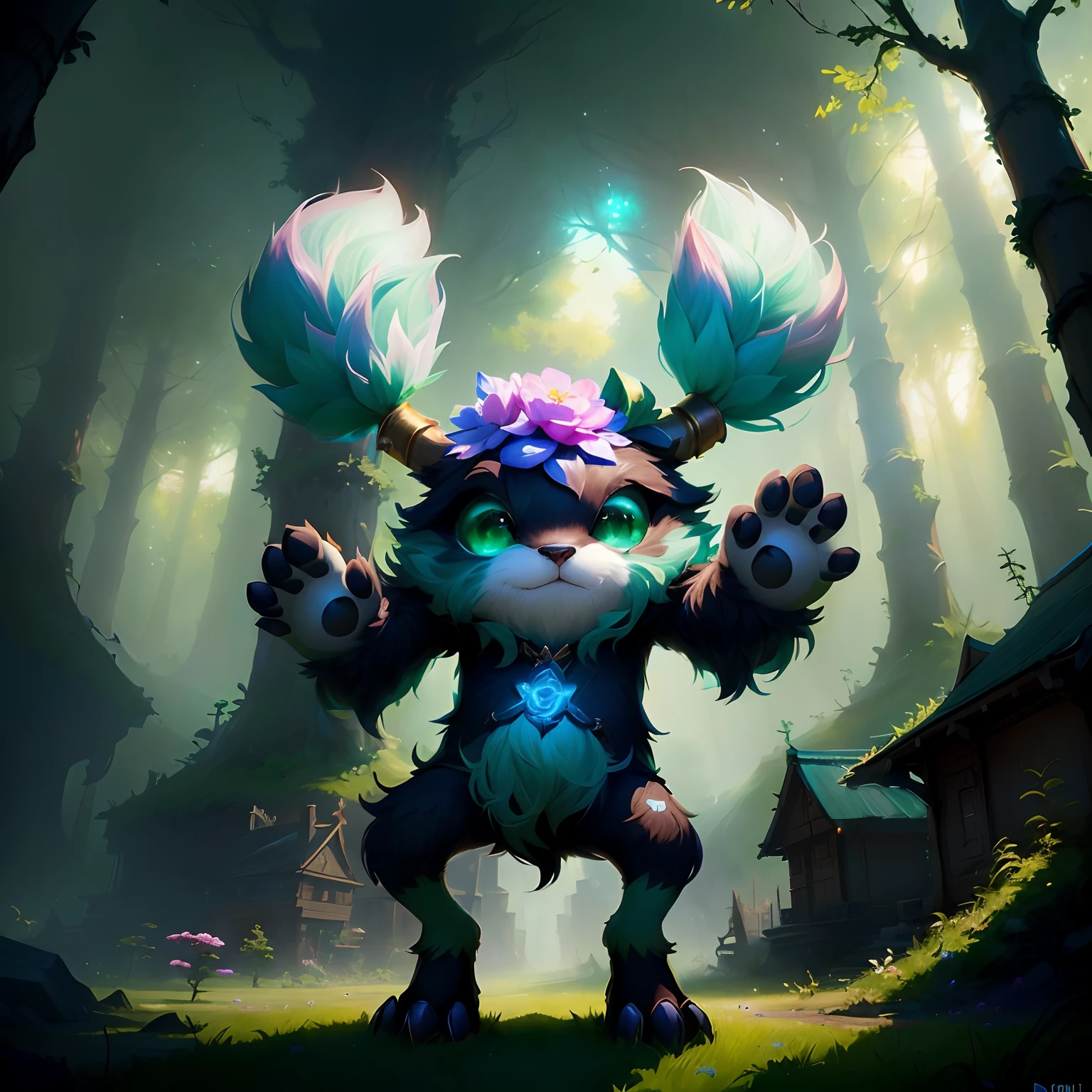 close-up of a fluffy animal with a flower on its head, Beautiful sky, Flower fields, riot games concept art, official splash art, furry fantasy art, from league of legends, league of legends concept art, teemo, The Nature of the Druid, character splash art, Арт персонажа League of Legends, Forest Soul, teemo from league of legends, Cute forest creature
