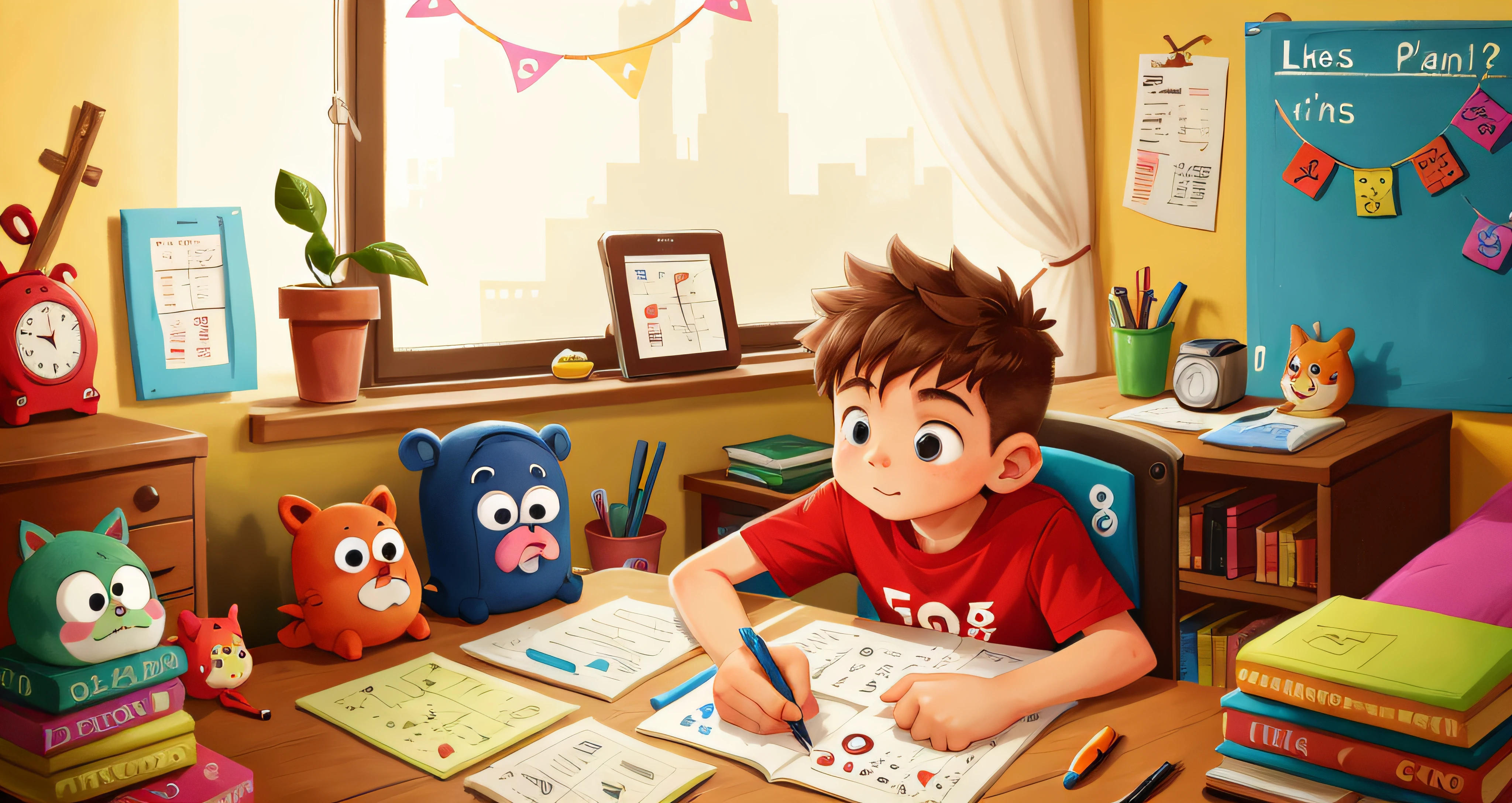 Lucas is and is doing his planning on a board inside his room