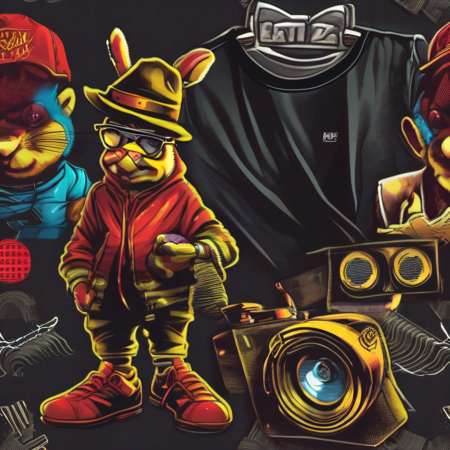 arte da camiseta, 2D, ((fundo preto :1, 5)), vetor, vivid colors, Funny character coelho personagem COM roupa ESTILO hip hop , melhor qualidade, detalhes intrincados, Realistic details, luz de aro, cinematic shading, Greg Rutkowisk,