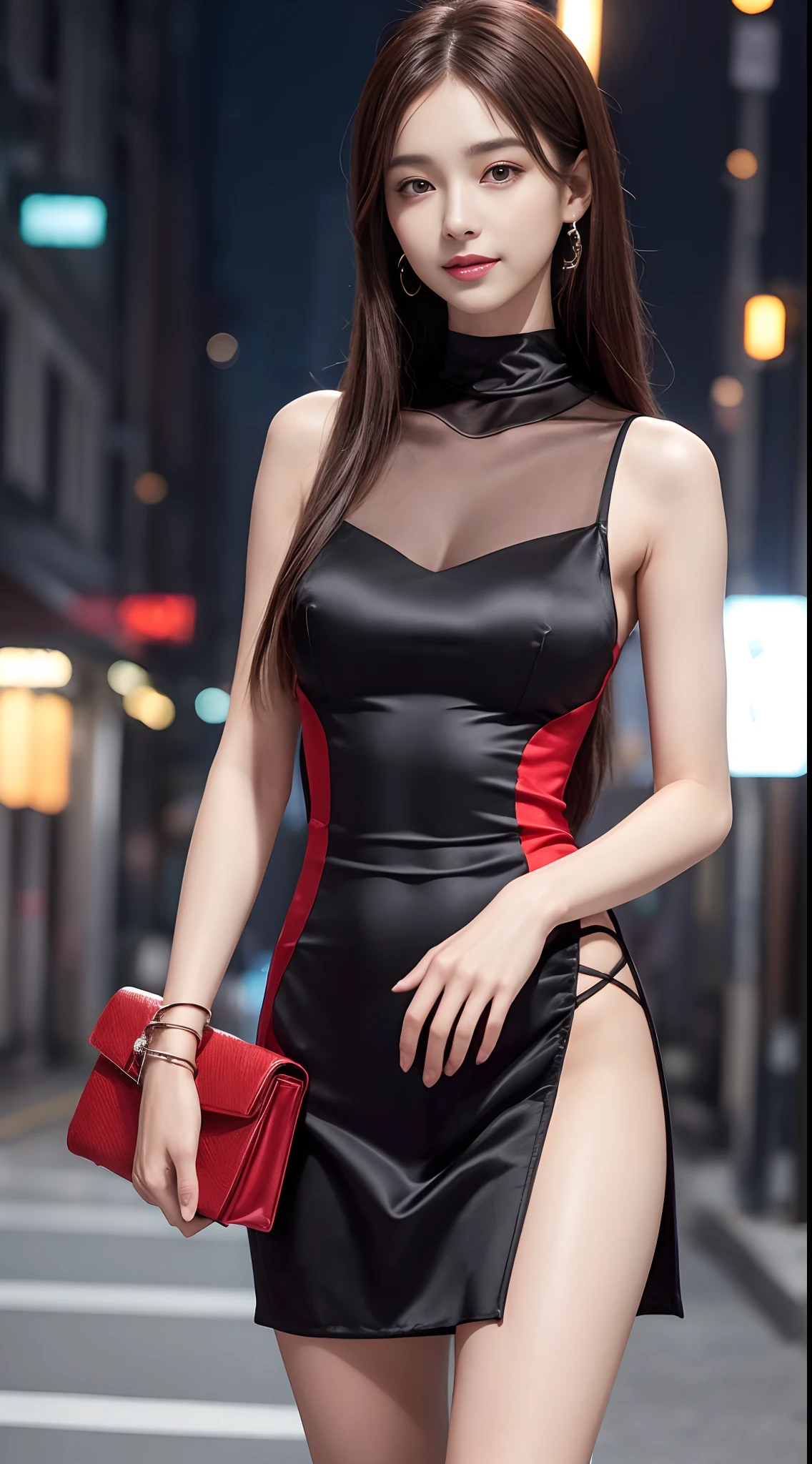8k, masterpiece, RAW photo, best quality, photorealistic, extremely detailed CG unity 8k wallpaper, Depth of field, Cinematic Light, Lens Flare, Ray tracing, (extremely beautiful face, beautiful lips, beautiful eyes), intricate detail face, ((ultra detailed skin)) 1girl, in the dark, deep shadow, pretty korean girl, kpop idol, 1 girl, (very slim slender fit-muscled body:1.3), ((looking at viewer)),(big smile:1.3), (tight mini dress), (sleeveless) , (fashion city night, dark night, (neon sign), (blurred background), fashion street night),(without people in the background:1.3), beautiful earrings, bracelets, necklace, pantyhose, clear eyes, walking , front shot, (pale skin), (big eyes), face forward, (full body shot), ((silk red, black color dress:1.3)),(brown hairs), (see through), (looking at viewer:1.3) open breast, very slim, medium breasts, hermes bag