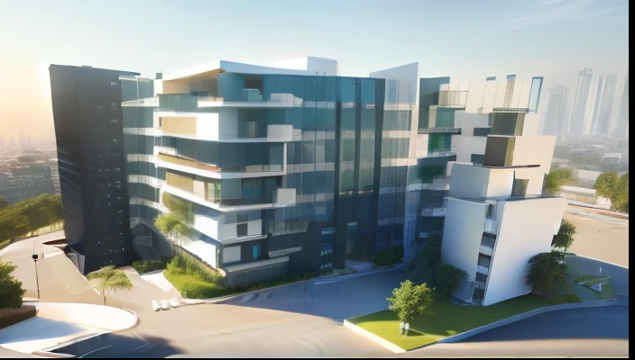 rendering of a building with many windows and many trees, architectural visualization cardboard model style, pastels colors, architectural visualisation, architecture rendering, architectural render, Complex 3D Rendering, complex 3 d render, professional render, exterior grande angular 2022, lumion rendering, vue 3d render, 3D-rendering, 3D rendering, office building, excluir edificios do entorno, sem fundo