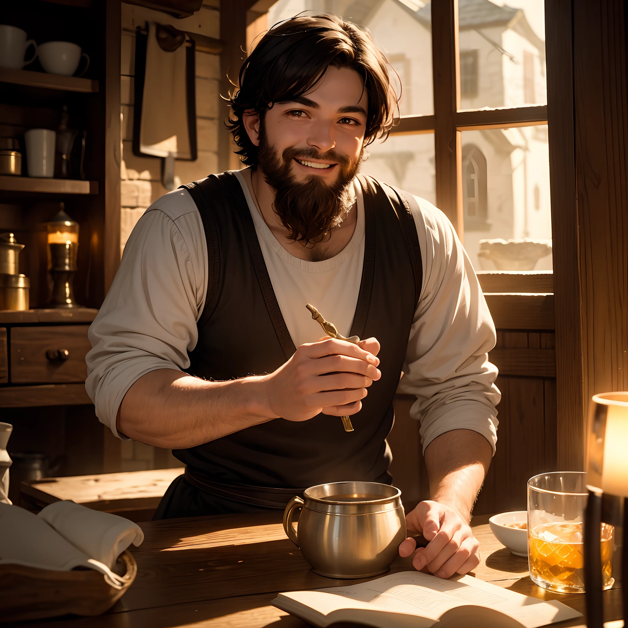 masterpiece, best quality, 1boy, innkeeper, short hair, beard, soft warm lighting, tankard, smile, looking at viewer, relaxed, cozy, tavern