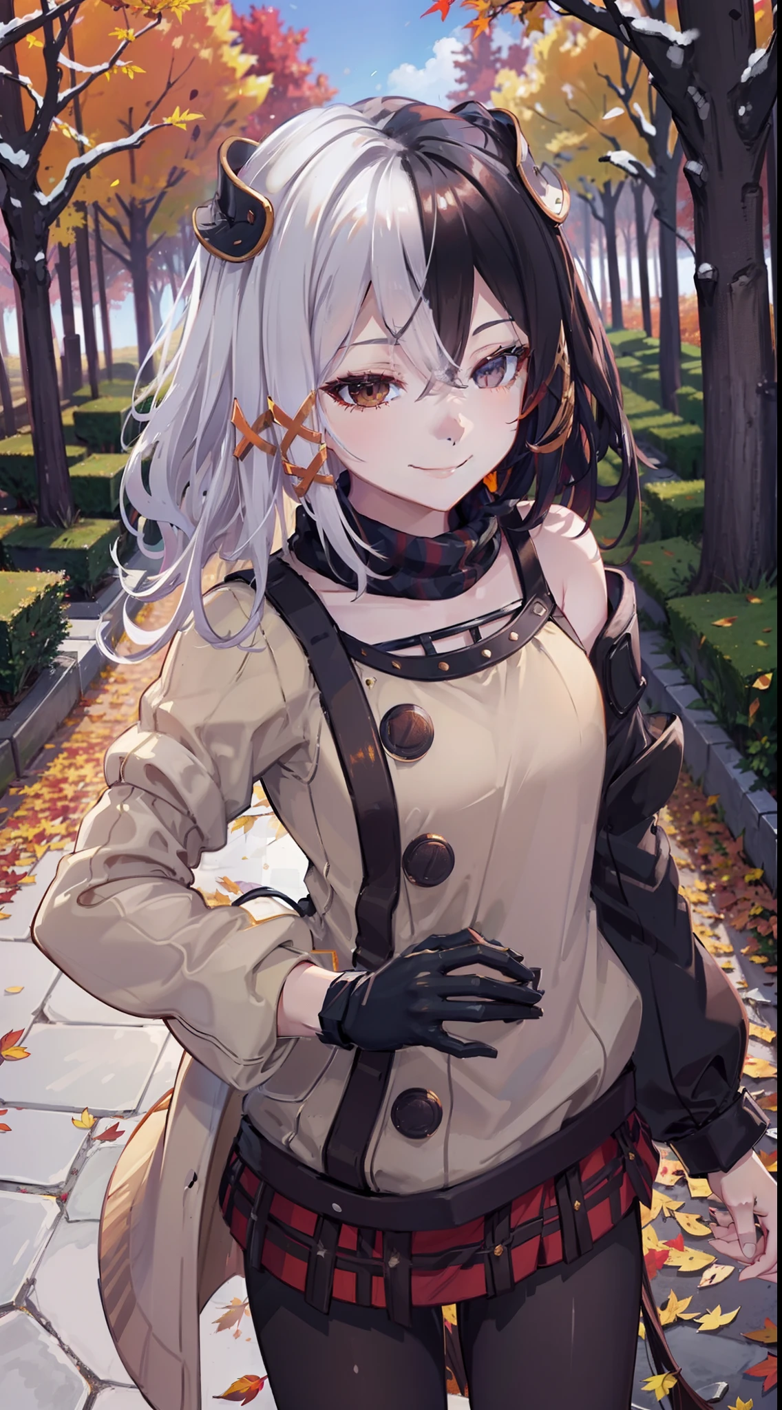 autumn, autumn outfit, plaid coat, naughty smile, domineering smile, arrogant expression, cocky, autumn trees, red leaves, orange leaves, yellow leaves, forest, sunny