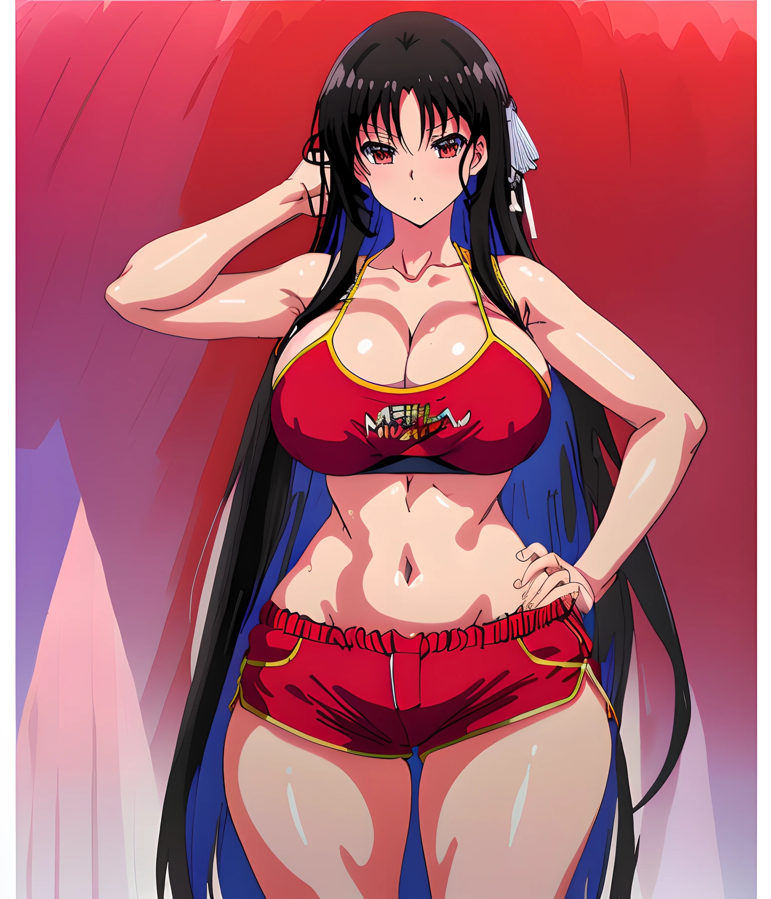 Milf peituda , shorts esportivos vermelhos, micro curta, red short sports bra, coxas protuberantes, coxas grandes, coxas grossas, coxas torneadas, abdome tabby e definido, bunda grande bunda enorme bunda gigantesca, peitos grandes e volumosos, flacidez e seios gigantescos, peitos fartos e protuberantes, peitos salientes, corpo inteiro, Animes