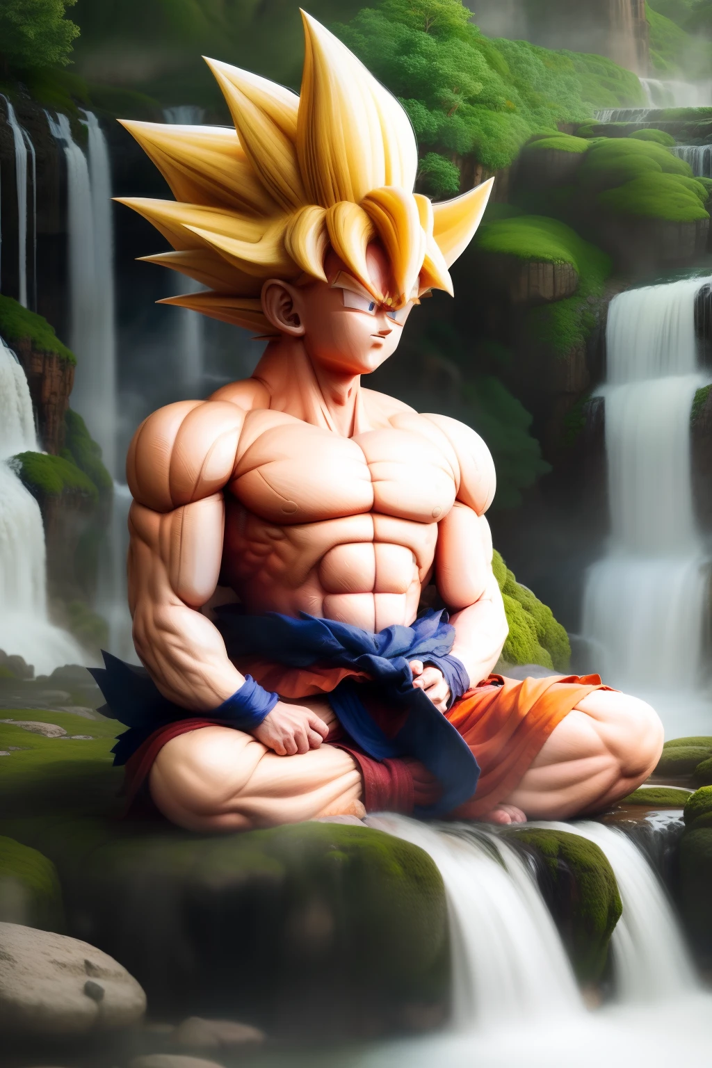 Goku meditates on a waterfall, enveloped by nature's embrace. in 2023