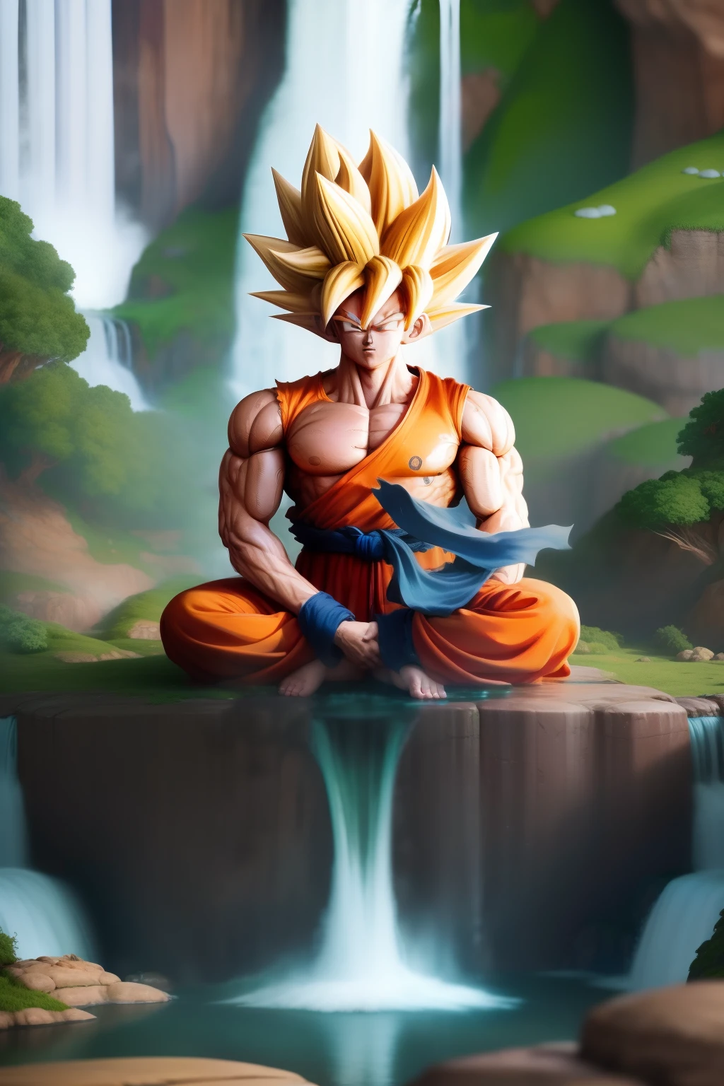 Goku meditates on a waterfall, enveloped by nature's embrace. in 2023