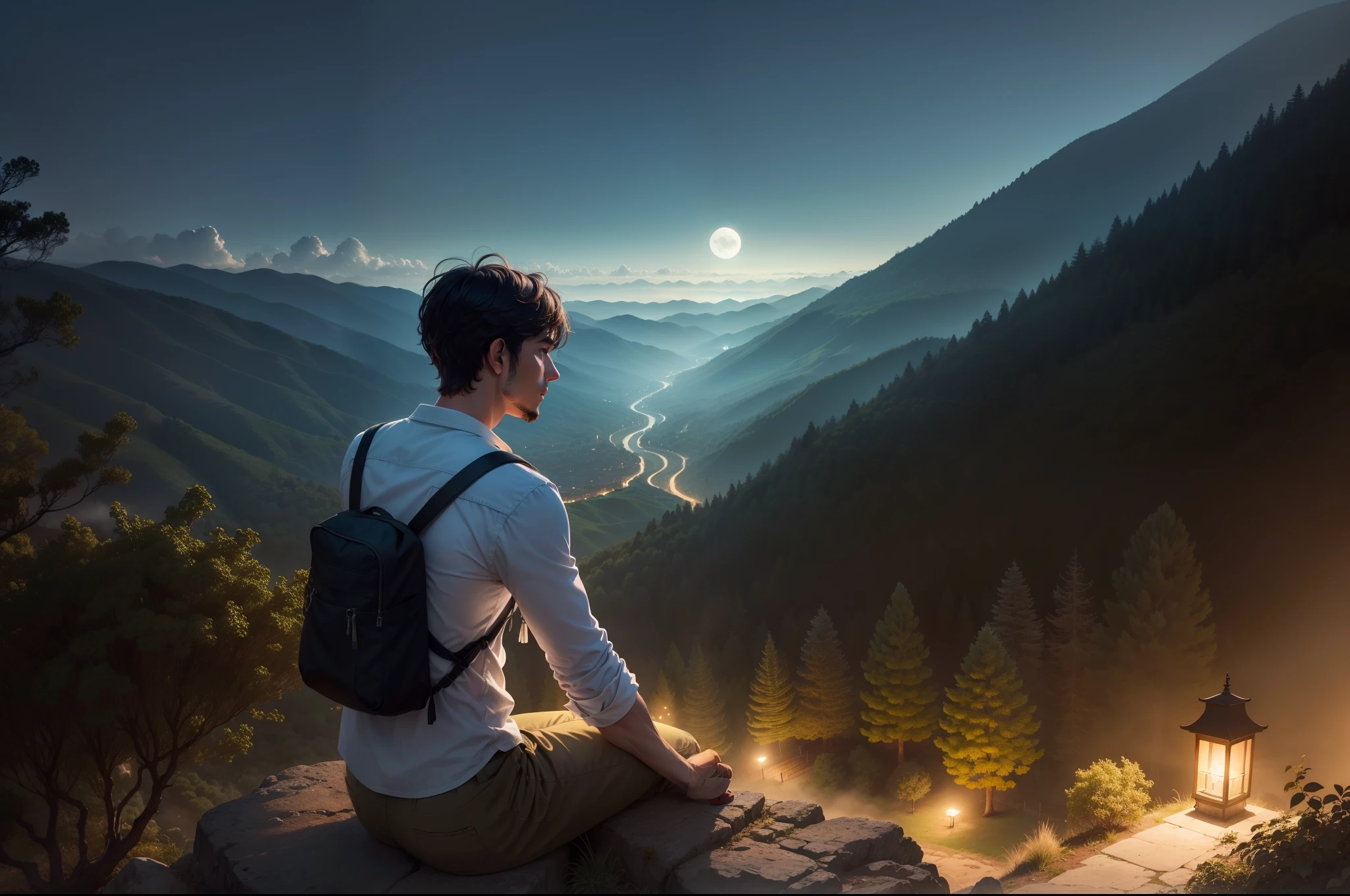 Vista de la silueta de un hombre joven en la cima de colina, He is looking down the valley.. Some leafy trees on the hill and way down. Paisaje iluminado por la luz de la luna. Noche estrallada. Quiet atmosphere.