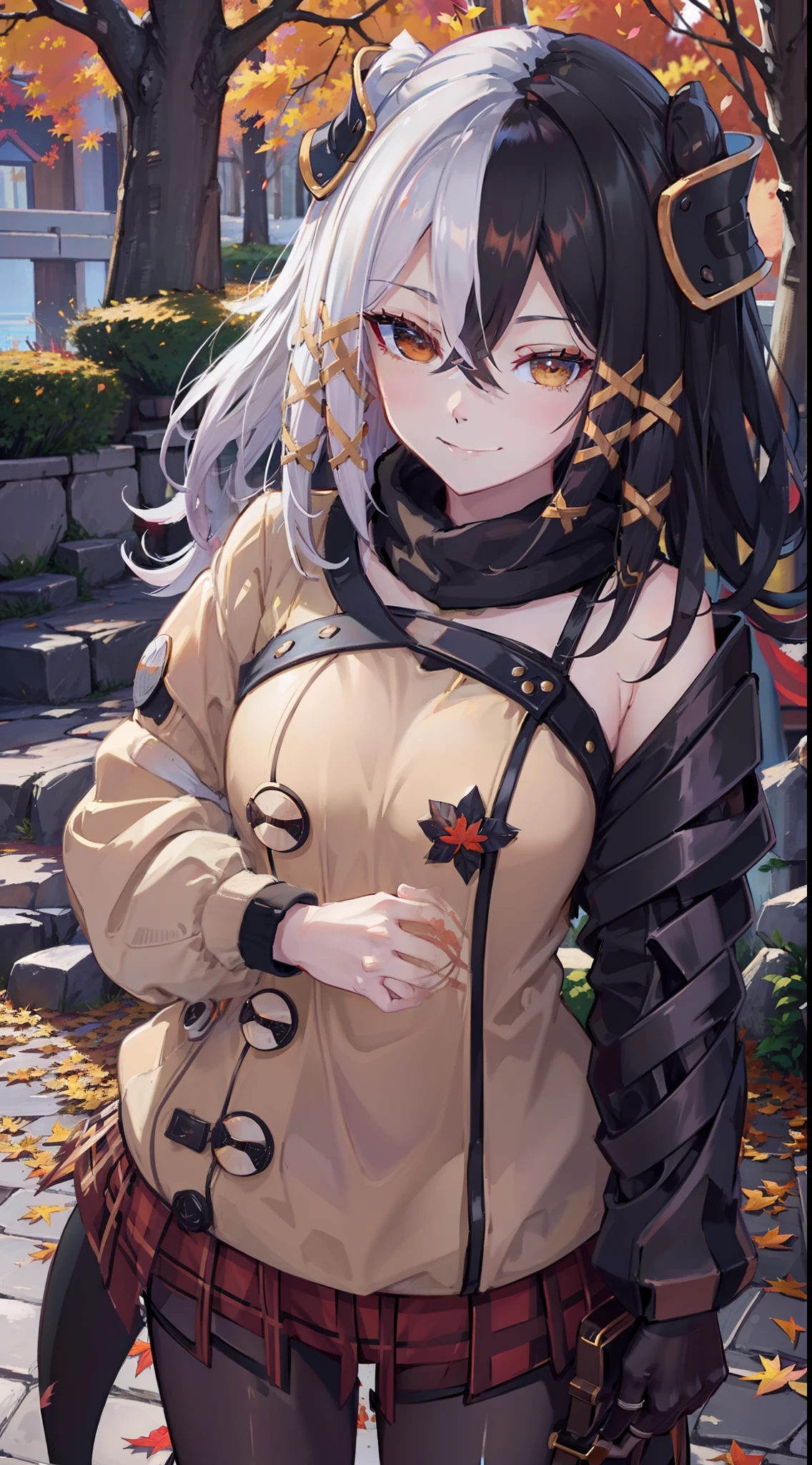 autumn, autumn outfit, plaid coat, naughty smile, domineering smile, arrogant expression, cocky, autumn trees, red leaves, orange leaves, yellow leaves, forest, sunny