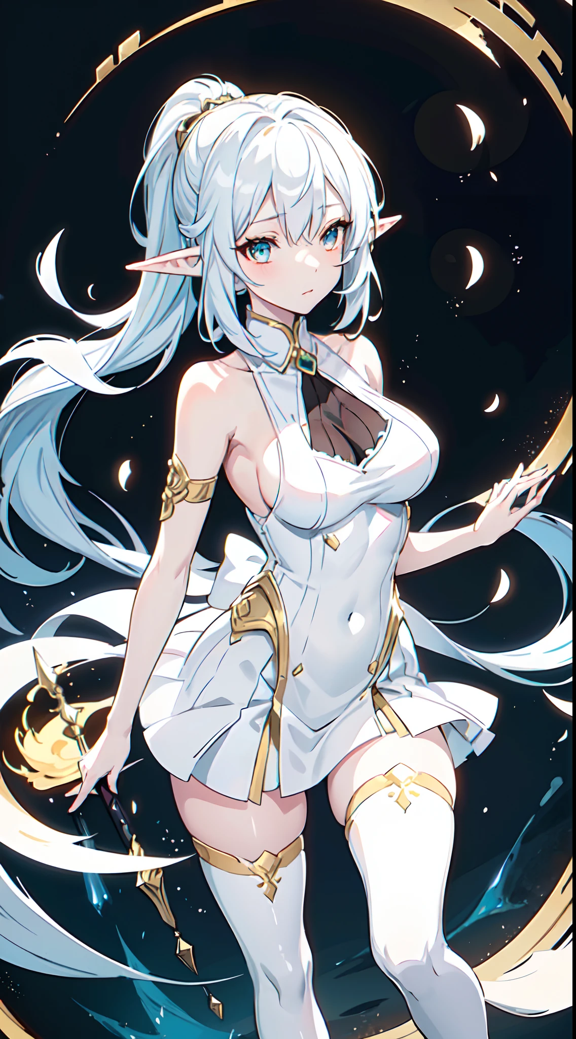 Beautiful elf girl dancing stage, dynamicposes、Wearing a white camisole、Wore black spats、Beautiful Illustration Portrait, detailed digital art, , she has elf ears and gold eyes, beautiful character painting, digital anime illustration, a portrait of an elf, artwork in the style of guweiz, fanart best artstation, beautiful and elegant female elf