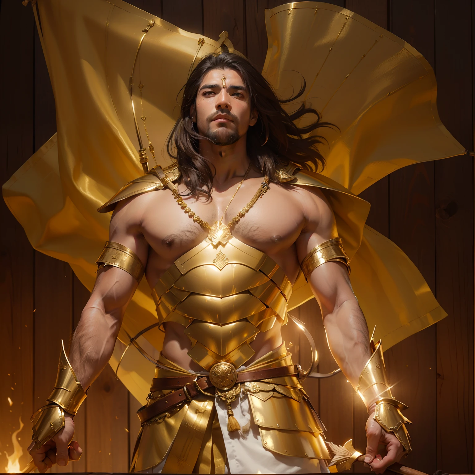 Handsome (traditional) warrior hold a ((gold or wooden)) bow and arrows, (heavy bow), wearing a perfect fit armor, golden glass armor, ((luminous armor)) and traditional white (dhoti) with leather belt. Serious face expression, 4k details Warfield background