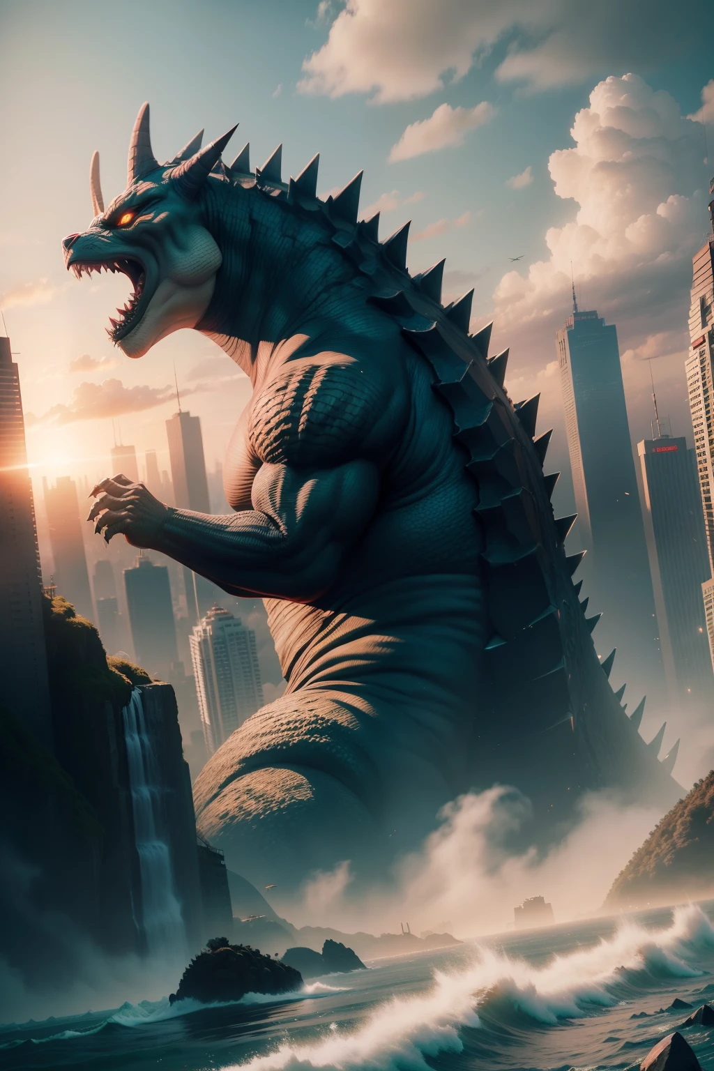 Muito detalhado godzila realista chibi 8k com uma cidade no fundo