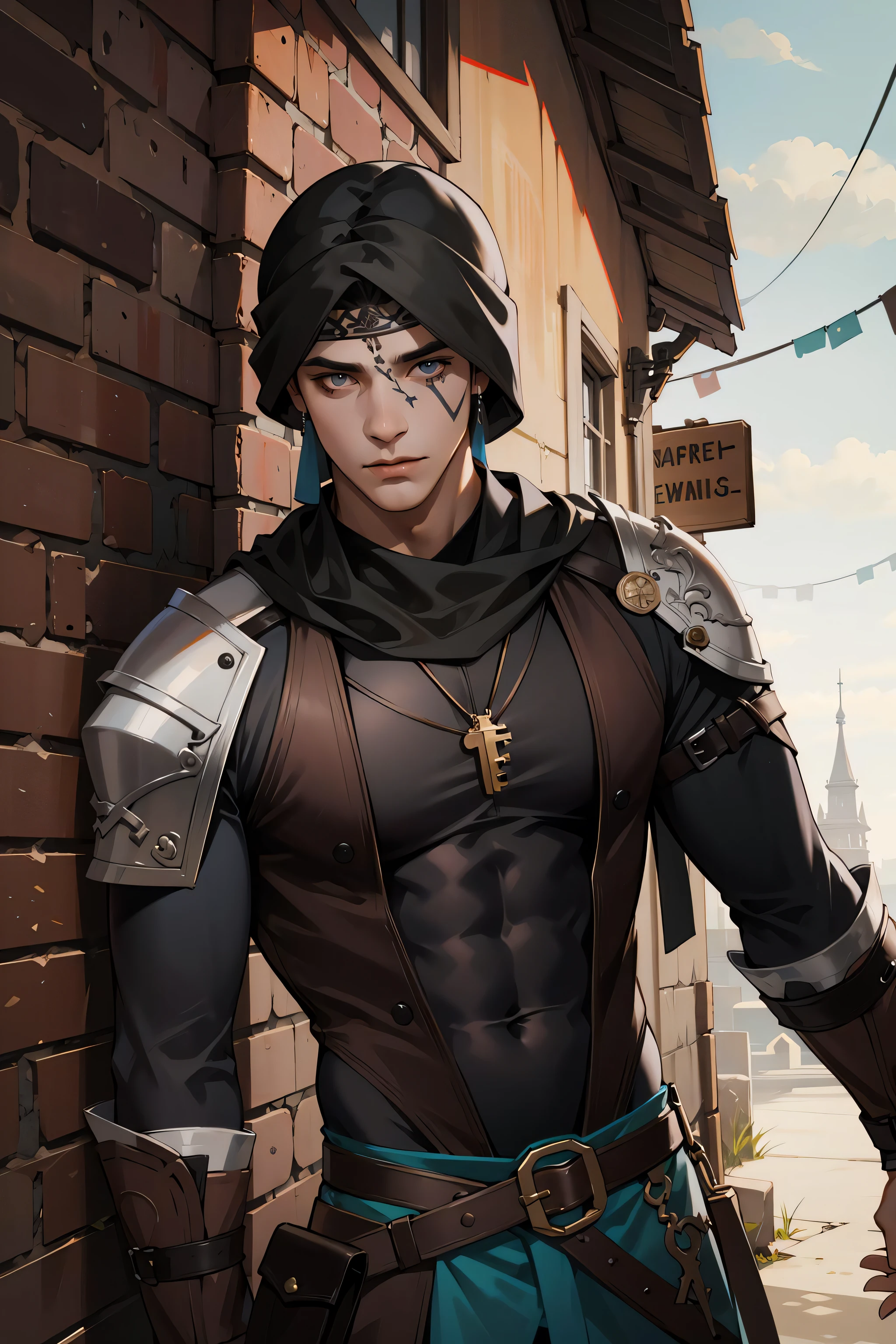 (absurdres, highres, ultra detailed), 1 male, mature, manly, tall muscular, handsome, finely detailed eyes, intricate details, portrait, looking at viewer, solo, (full body:0.6), detailed background, detailed face, (ancient celtic barbarian theme:1.1), face covered by bandana, smuggler, (tattoos:0.9), thieves guild, dynamic pose, rugged dark leather clothes, belts, keys, knives, high fantasy medieval setting, dark alleyway background, stealth, secret, coins, fog,