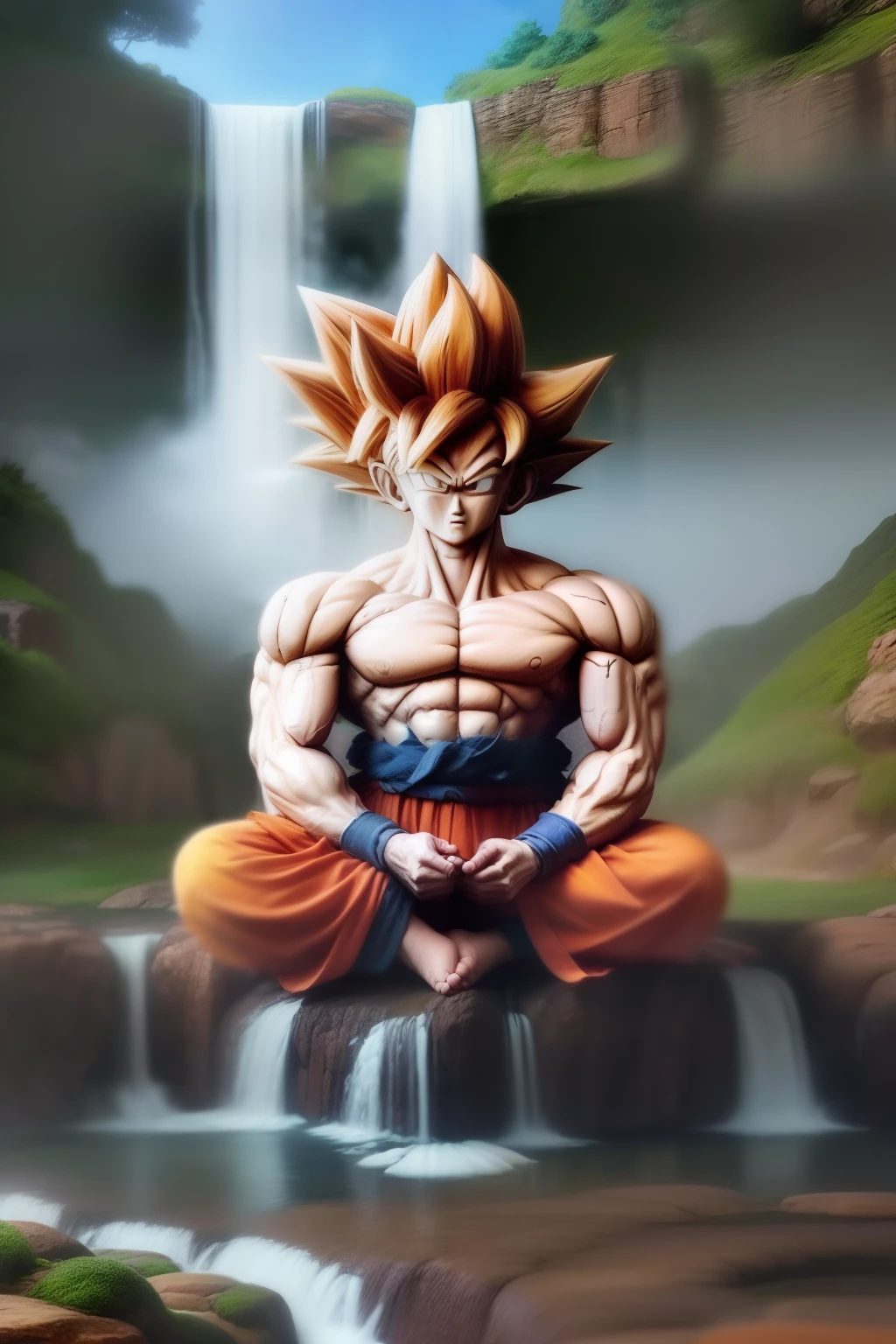 Goku meditates on a waterfall, enveloped by nature's embrace. in 2023