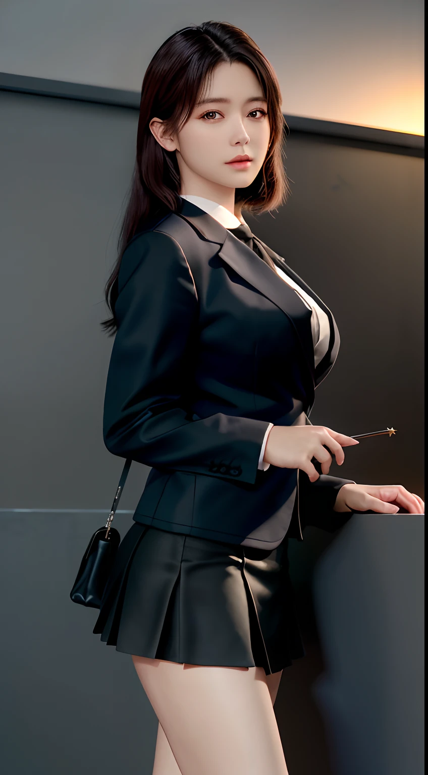 best quality, masterpiece, 1girl, Beautiful face, (photo realistic:1.3), rim lighting, (high detailed skin:1.2), 8k uhd, dslr, high quality, high resolution, 4k, 8k, Bokeh, absurdres, best ratio four finger and one thumb, (realistic:1.3), cute 1girl, wearing black formal blazer, medium breasts, short skirt,