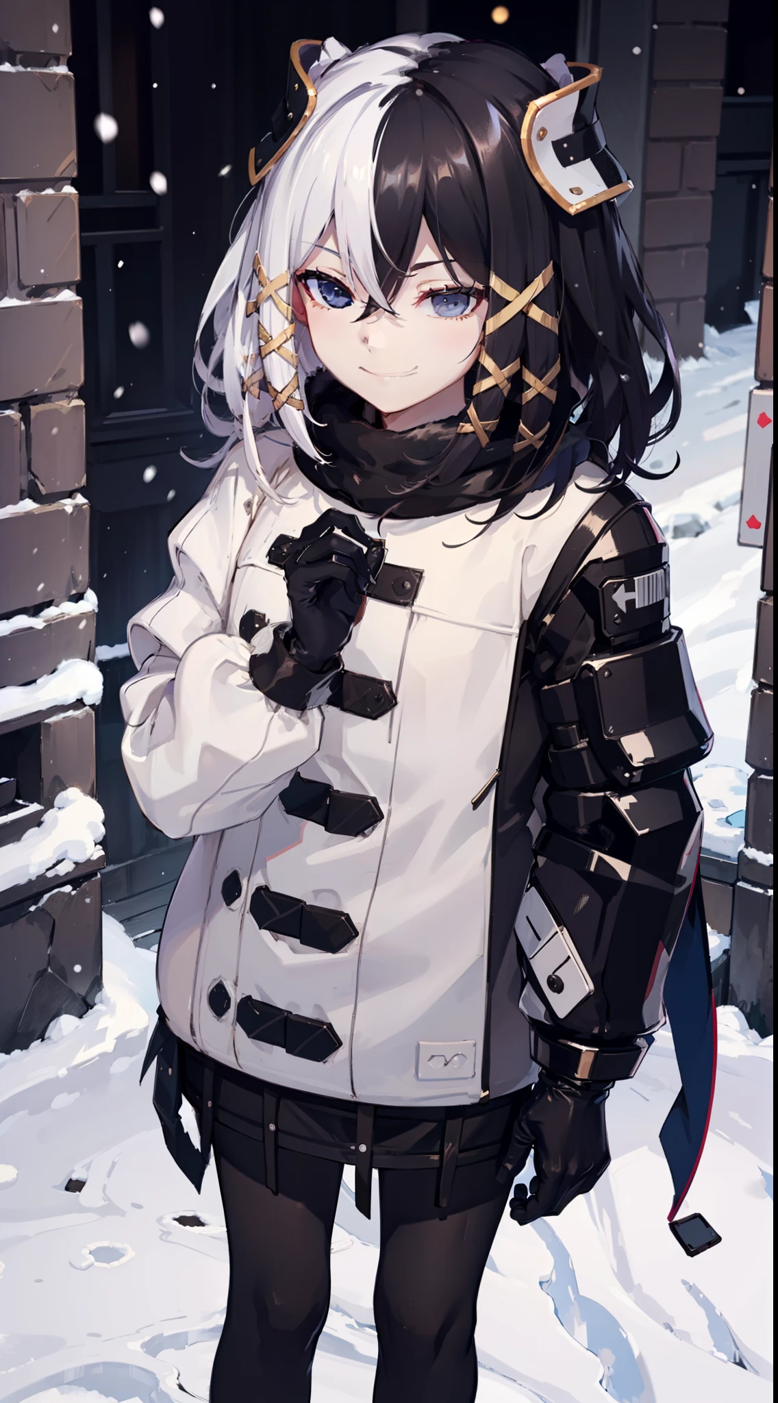 winter, winter outfit, snow, parka, naughty smile, domineering smile, arrogant expression, cocky, cold