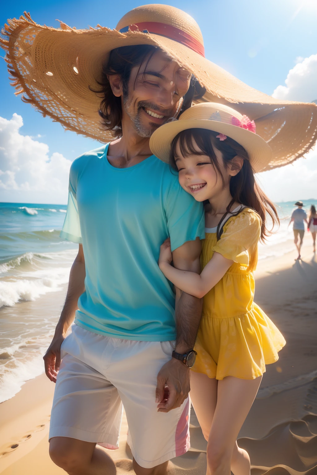 Uma de 4 anos e seu pai heroi, wearing a softly colored shirt and a cap, is smiling as he walks on the sand. He holds his young daughter's hand, who is wearing a colorful swimsuit and a sun hat. The bright sun creates golden reflections in the sea water, who is calm and serene. Ao fundo, podemos ver as ondas suaves que quebram na praia. The father and daughter are enjoying the day together, explorando a areia e sentindo a brisa suave do mar. The atmosphere is one of joy and complicity between the two, capturing a moment of affection and connection between a father and his daughter on the beach.