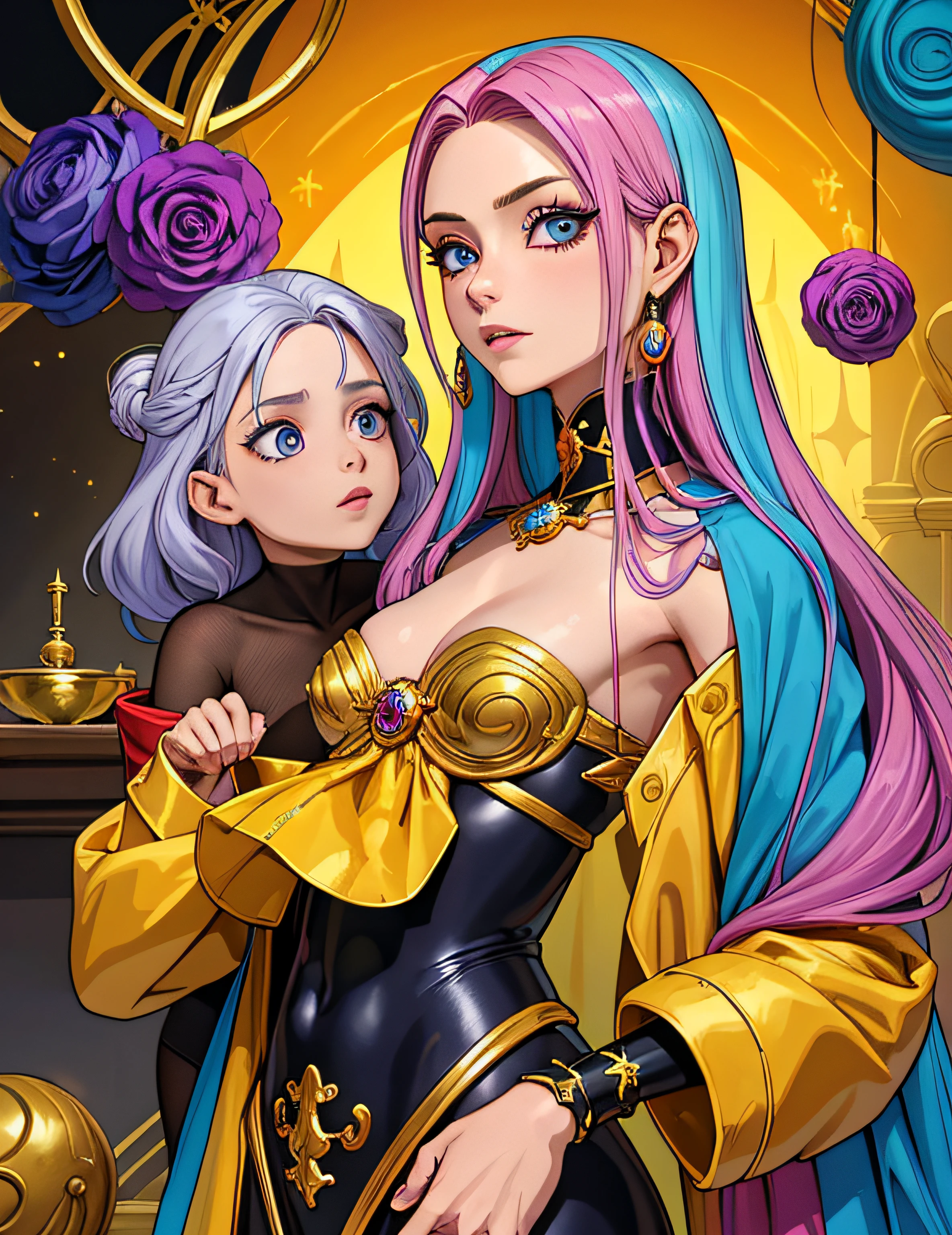 ((obra-prima, melhor qualidade)), (fotorrealismo:1.3), 1girl, Demonic, sedutora, misteriosa, olhos azuis, cabelos longos e cintilantes, flowing hair, rainbow hair, profundos e cabelos rosa macios, cabelos multicoloridos, Degraded hair, bodysuit estampado, gemas, joias, abstract patterns, opulence, decadence