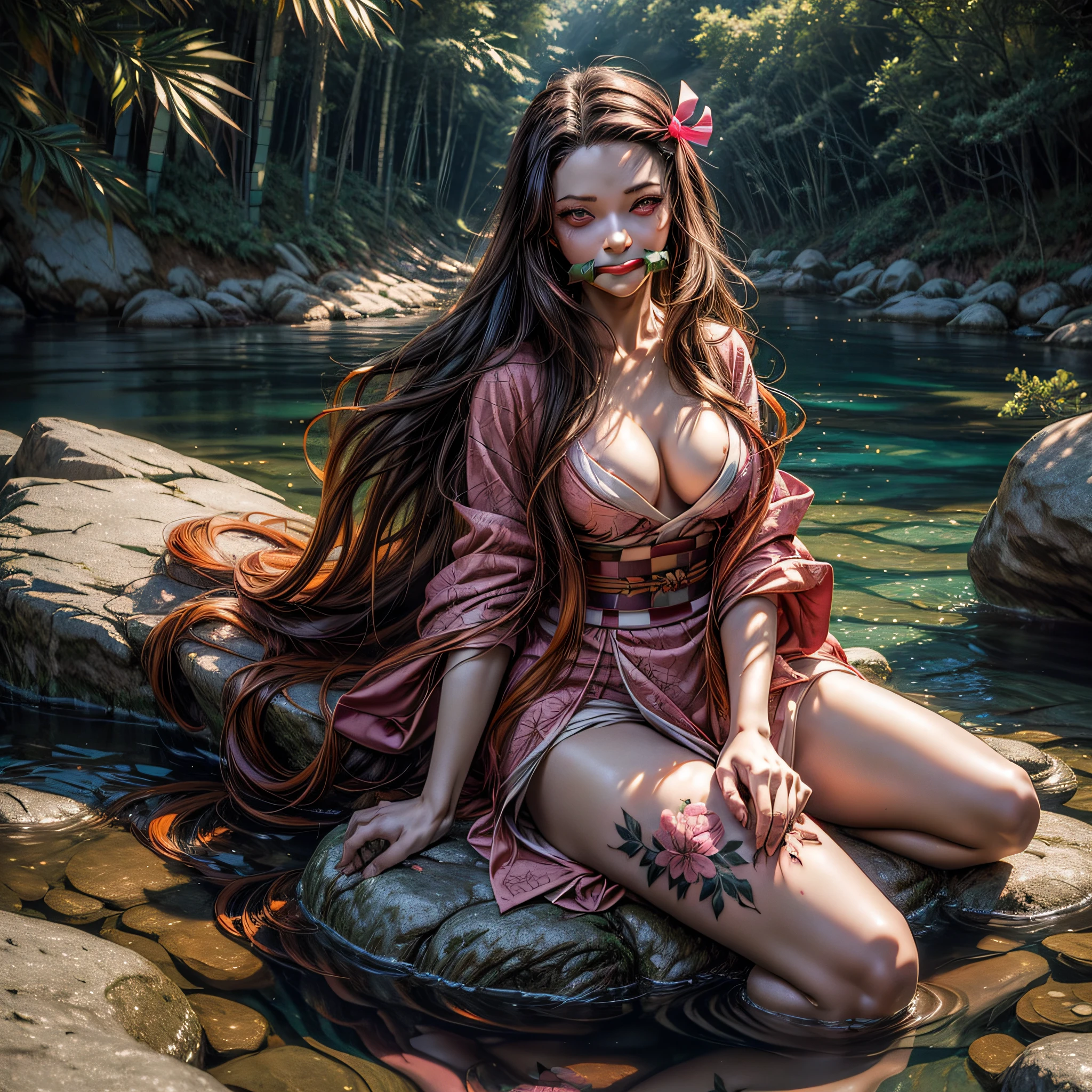 ((masterpiece):1.3),((best quality):1,3), CG, anime, ((kamado nezuko)), ((full body)), (1girl, medium breasts, Only Kimono open in a sexy way, bamboo, gag, brown hair, big gag, gagged, gradient hair, hair ribbon, long hair, looking at viewer, multicolored hair, orange hair, ((pink eyes)),branched flower tattoo on leg, sitting on a rock by a river