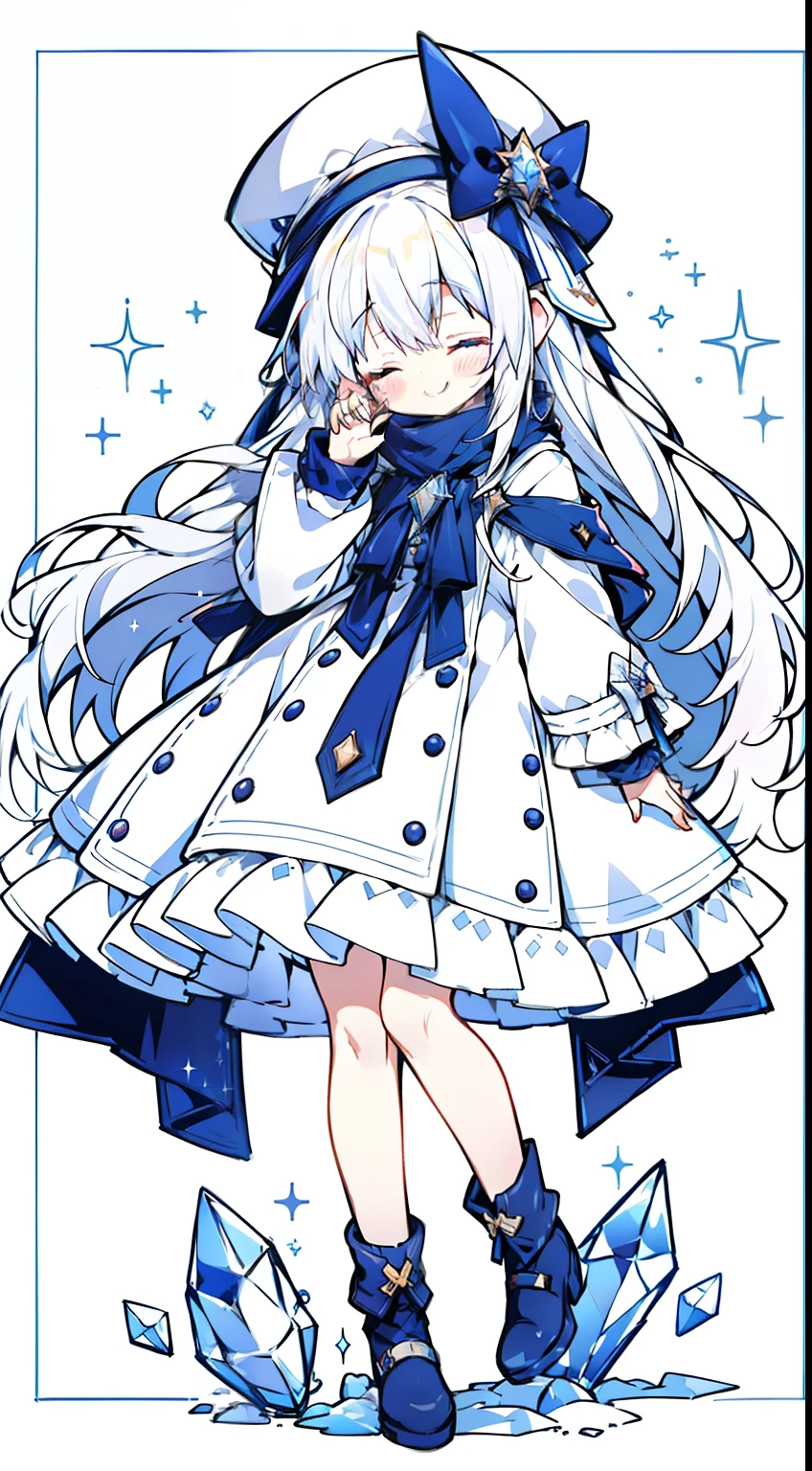 Standing picture、full body Esbian、muffler、Cute coat、Cute muffler、Hide your mouth、close your eyes and laugh、tilt your head、a smile、masterpiece、top-quality、Top image quality、white hair、Very long hair、yuki、Crystal background