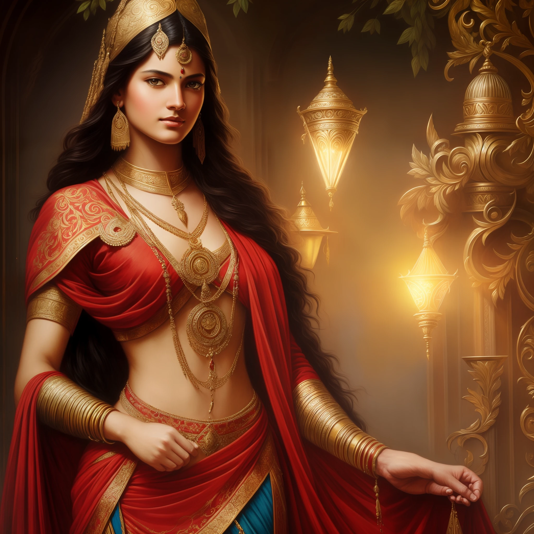 a close up of an Indian warrior woman deity with black hair and a red mask, golden ornaments, silver trinkets,blood spatter,beautiful character,dark cyan tunic, yellow tunic, elegance, mystique, knowledge, dignified stance, intricate patterns, nature motifs, celestial motifs, deep contemplation, majestic cape, luxurious fabrics, swirling patterns, magical atmosphere, harmonious color palette, enchantment, wisdom. Tetradic, warm colors, best quality, masterpiece, high resolution, photorealistic, intricate, rich background painting,Andrew Atroshenko, artwork in the style of Andrew Atroshenko, black haired deity, byAlexandr Averin , epic exquisite character art, stunning character art, by Jules Bastien-Lepage,on pixiv artstation --auto