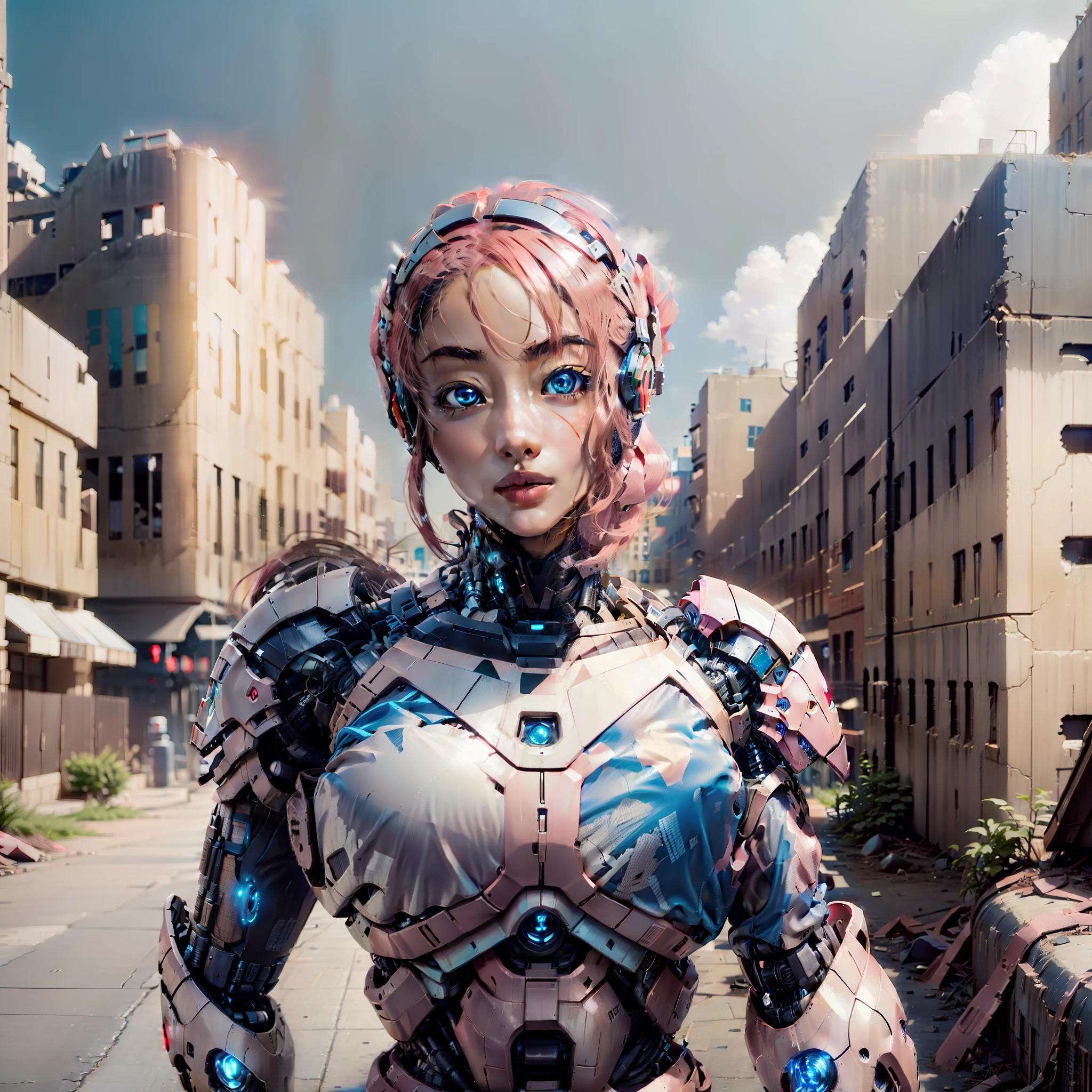 Ultra clear 8K pink hair female mecha robot in city ruins,best qualtiy,Blue-black theme。