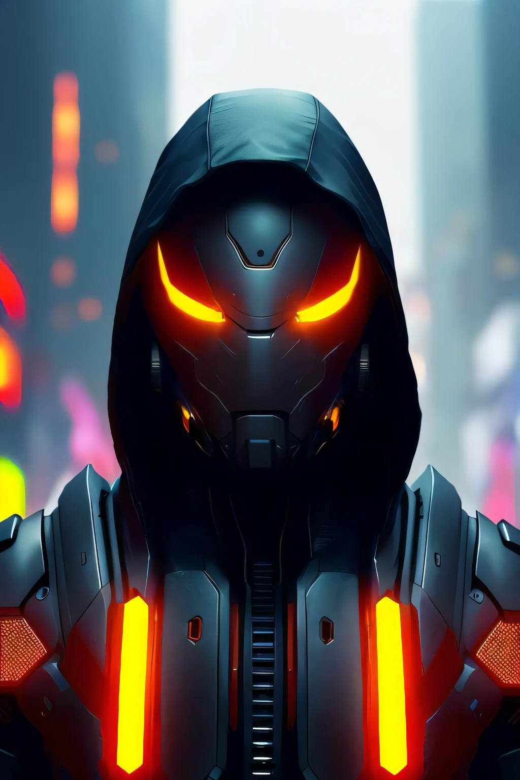 bladerunner, cyberpunk, angled facial portrait of a bone ceramic caliente mech humanoid robot Spanish ninja with an attractive bald head and handsome features, hooded, large glowing eyes, macho, piroca, dotado, guapo, reflective surface, overwatch, trending on cgsociety, trending on artstation