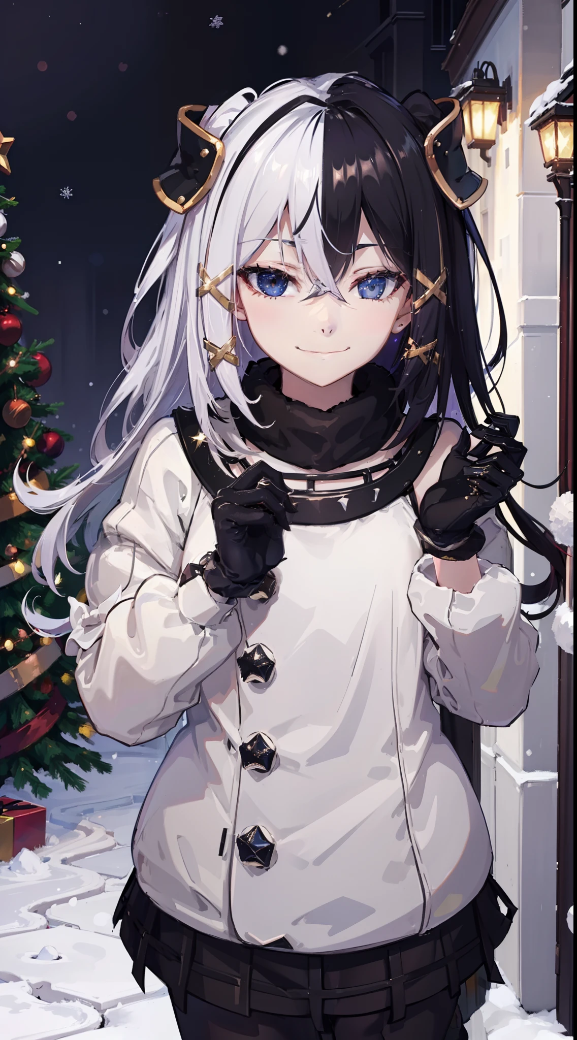 christmas, christmas tree, christmas lights, stars, night, winter, winter outfit, snow, parka, naughty smile, domineering smile, arrogant expression, cocky, cold