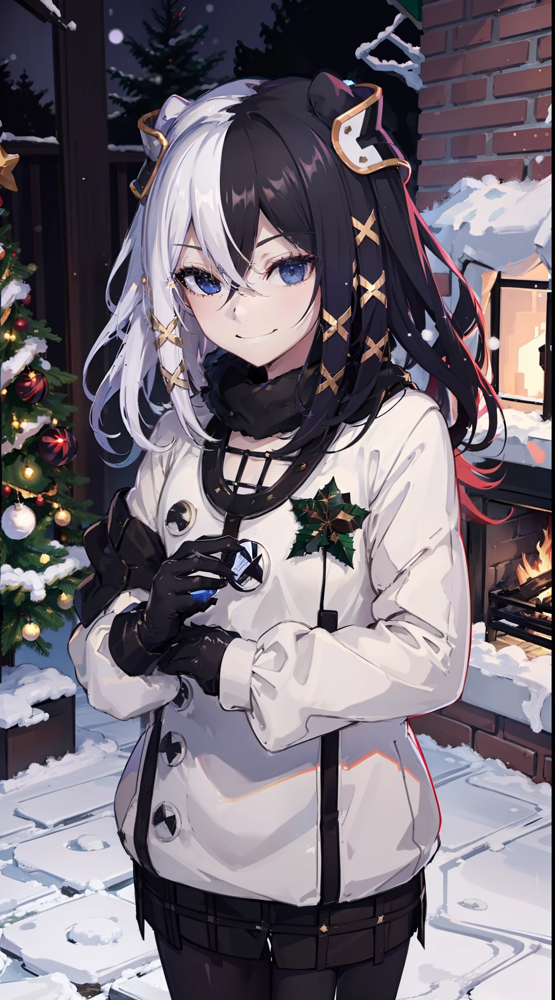 christmas, christmas tree, christmas lights, stars, night, winter, winter outfit, snow, parka, naughty smile, domineering smile, arrogant expression, cocky, cold