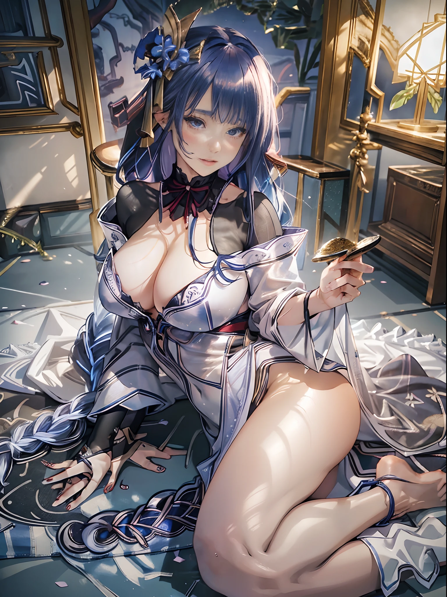 (Enrich the picture,Masterpiece level quality)Beautiful 8K CG artwork,Goddess-like posture,Kneeling exercise,Slim and soft,Translucent skin,Aqua blue hair、The beauty of extra-long hair, Super Long Straight Hair,The skin is fair and juicy,Big JK Uniform,Perspective Part 1.2x enhanced silhouette effect,Exquisite transparent blues pattern in pajamas,The details are intricate and exquisite,The background is slightly blurred,Charming and lustful leg seduction,Drool,Extra-large big breasts,Blush,Japan goddess,Perfect body slim curves,