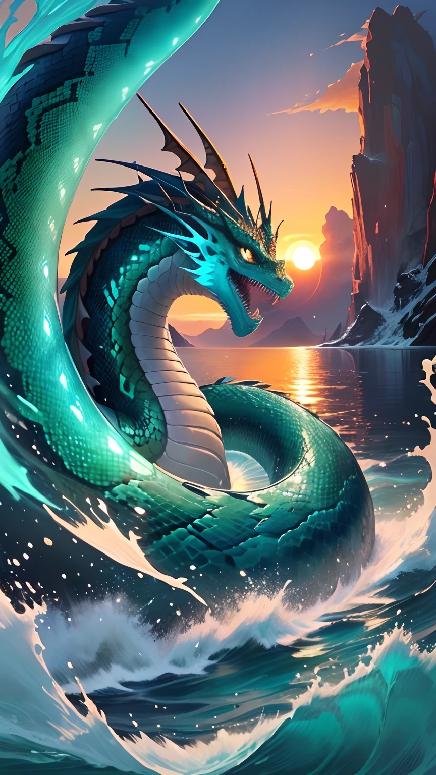 Painting of a dragon in the ocean with a sunset in the background., Sea snake, serpentine water monster, Green Chinese Fantasy Dragon, water dragon, naga-tirr, Jormun-gun, jormungandr, Sea Dragon, Digital paintings of Quetzalcoatl, Quetzalcoatl, Oil painting of a dragon, snake, The snake has great mysterious wings.