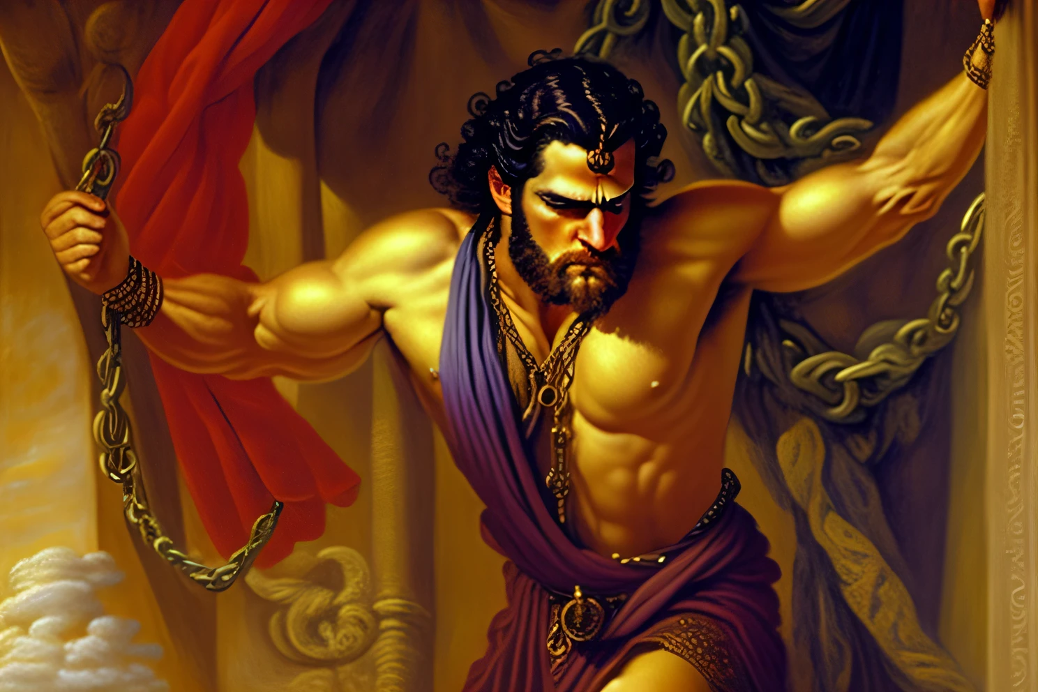 a painting of a man on a chain around his neck, O Deus Hefesto, Hefesto, Pintura de Golias, portrait of demigod hercules, henry cavill is a greek god, Henry Cavill como um deus grego, inspirado em Exekias, O deus grego do vinho, the the man is wrapped in chains, Retrato pintado de Zeus acidentado